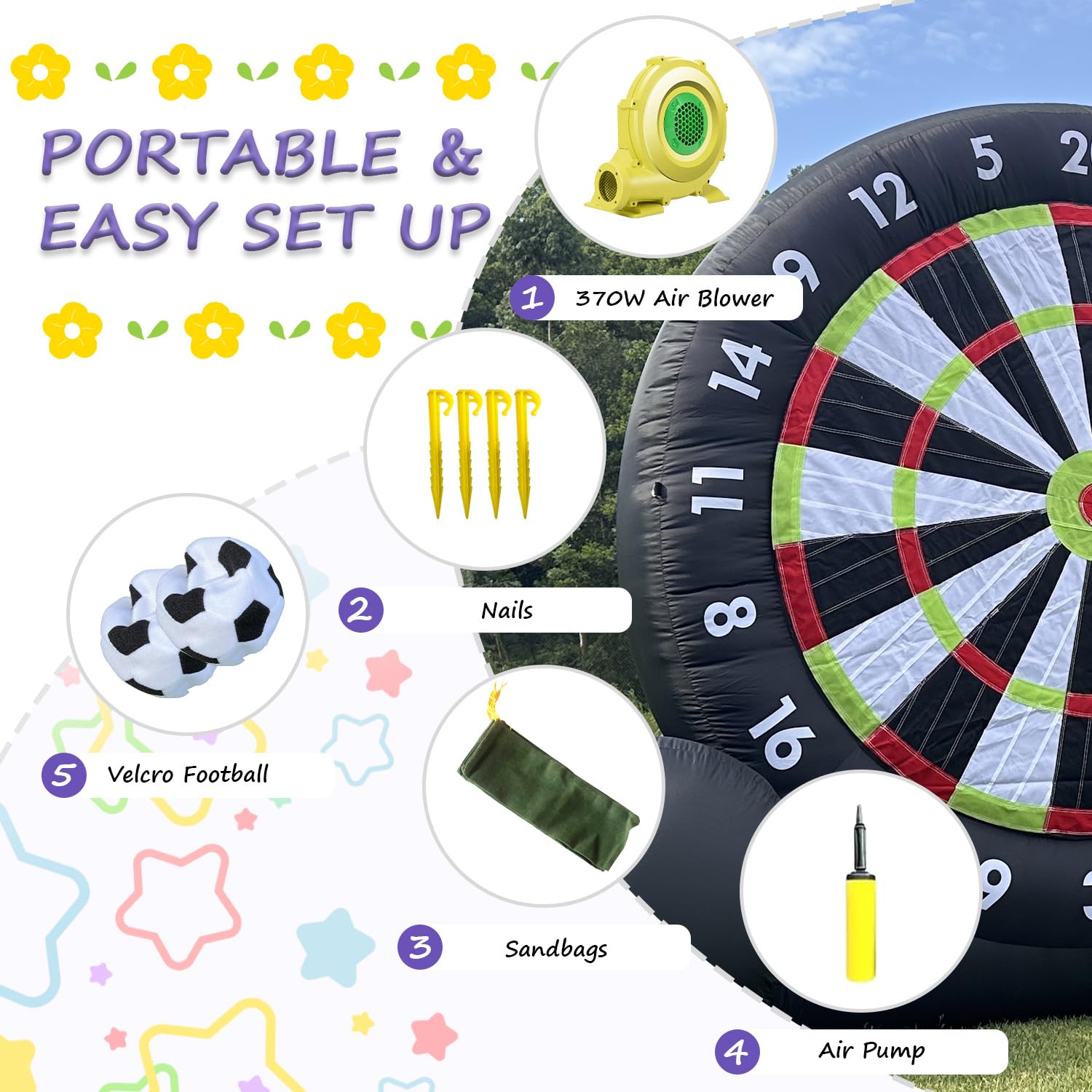 Tablero inflable de dardos de fútbol para exteriores, 10 pies de alto con 8 pelotas de fútbol y soplador de 370 W