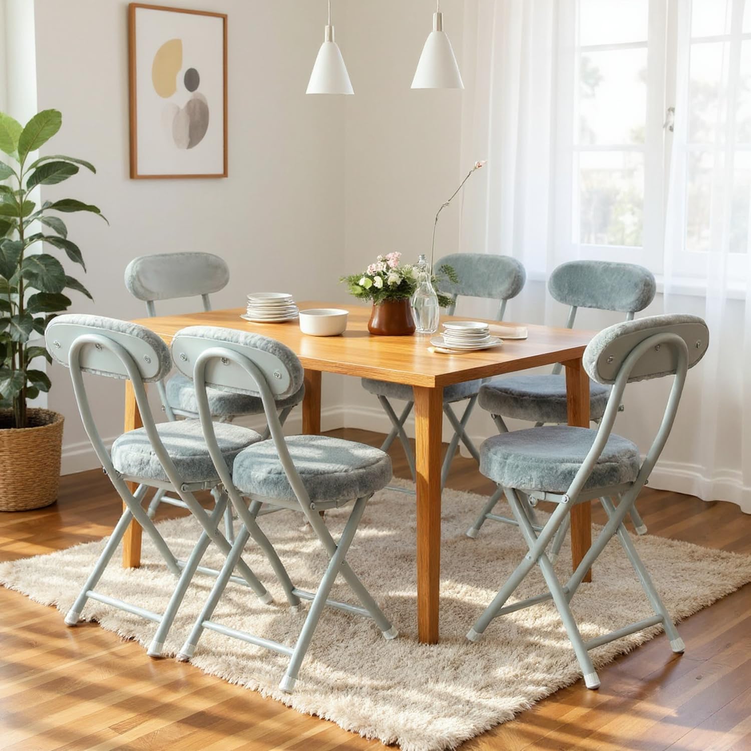 MEUBLE Cosy Juego de 4 Sillas de Comedor Plegable para Cocina, Tela de Imitación Pelo de Conejo, Estructura de Metal, Gris