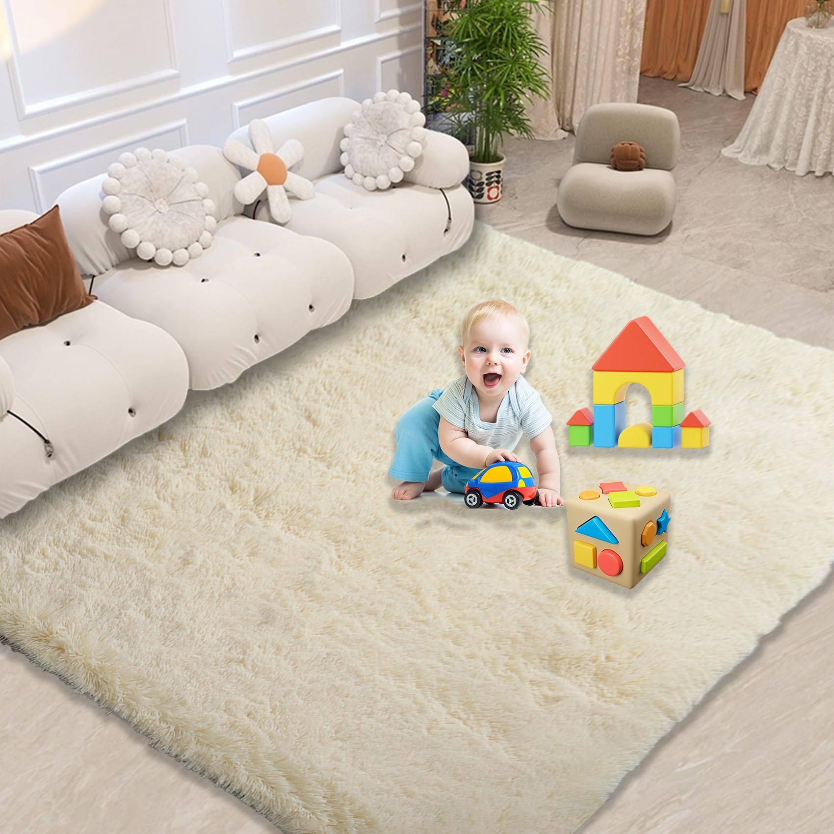 Tapis de shaggy ultra doux crème pour chambre et salon cosy