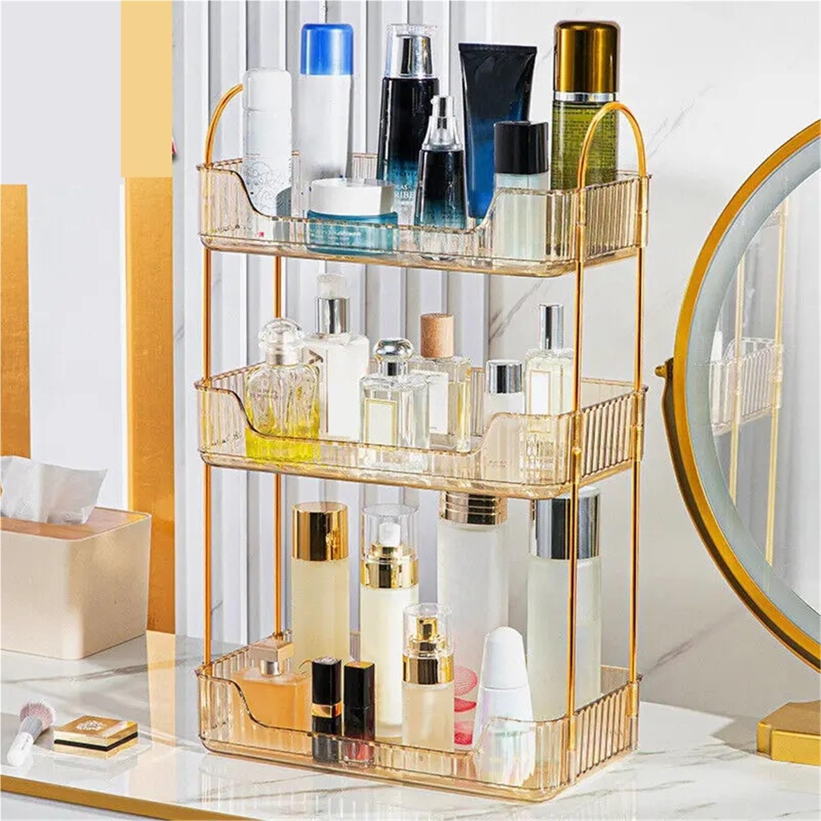 Expositor Perfumes Soporte de maquillaje cosmético estante almacenamiento 3 niveles organizador encimera soporte Perfume