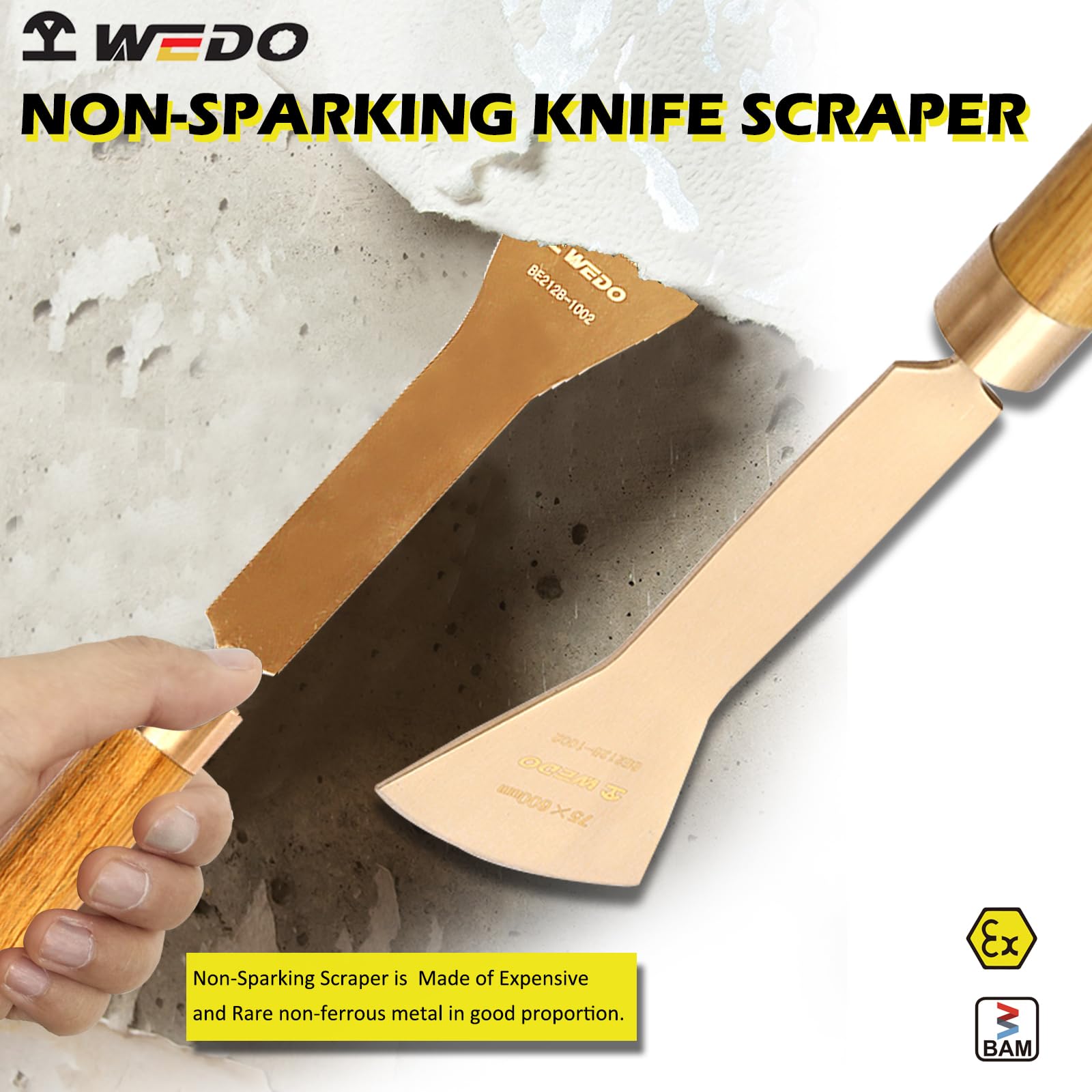 WEDO Raschietto ad arco non scintillante,Lama raschiatore pavimento 75x75mm,Lunghezza 600mm,Coltello per stucco in rame al berillio,Spatola raschietto non magnetico,Certificato BAM/FM, Ampiamente