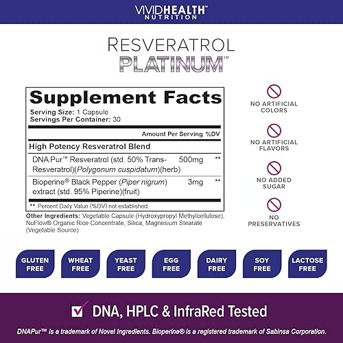 Miniatura 5 de Suplemento antioxidante de platino Resveratrol potente fórmula antienvejecimiento con resveratrol trans puro y natural para apoyo inmunológico,