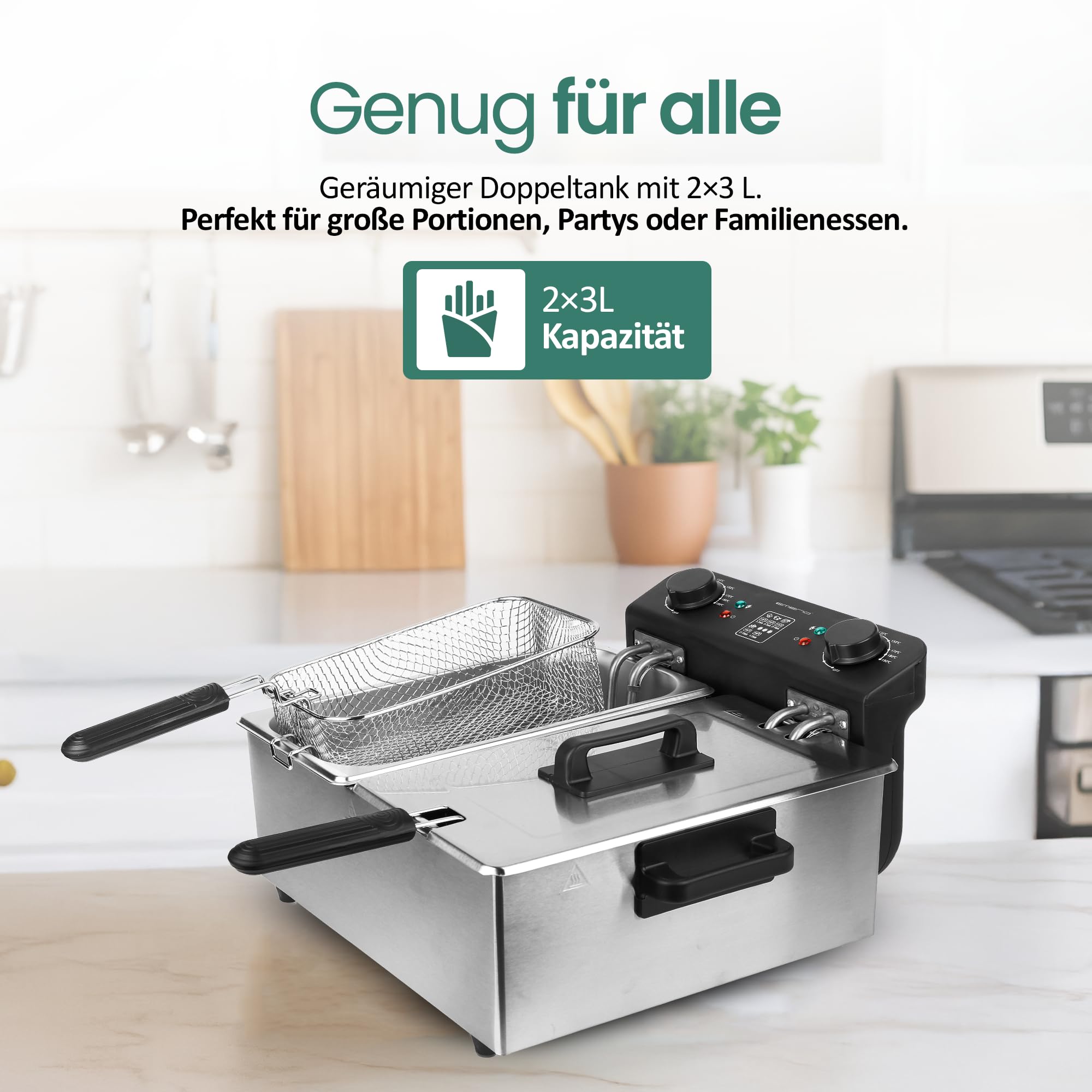 EMERIO 2x 3.0L Öl-Fritteuse mit Kaltzonen Technologie | Doppelkammer | Thermostat | kein bitterer Geschmack mehr | 3300 W | Tank aus Edelstahl | PFAS frei | einfache Reinigung | Thermostat | DF-120485
