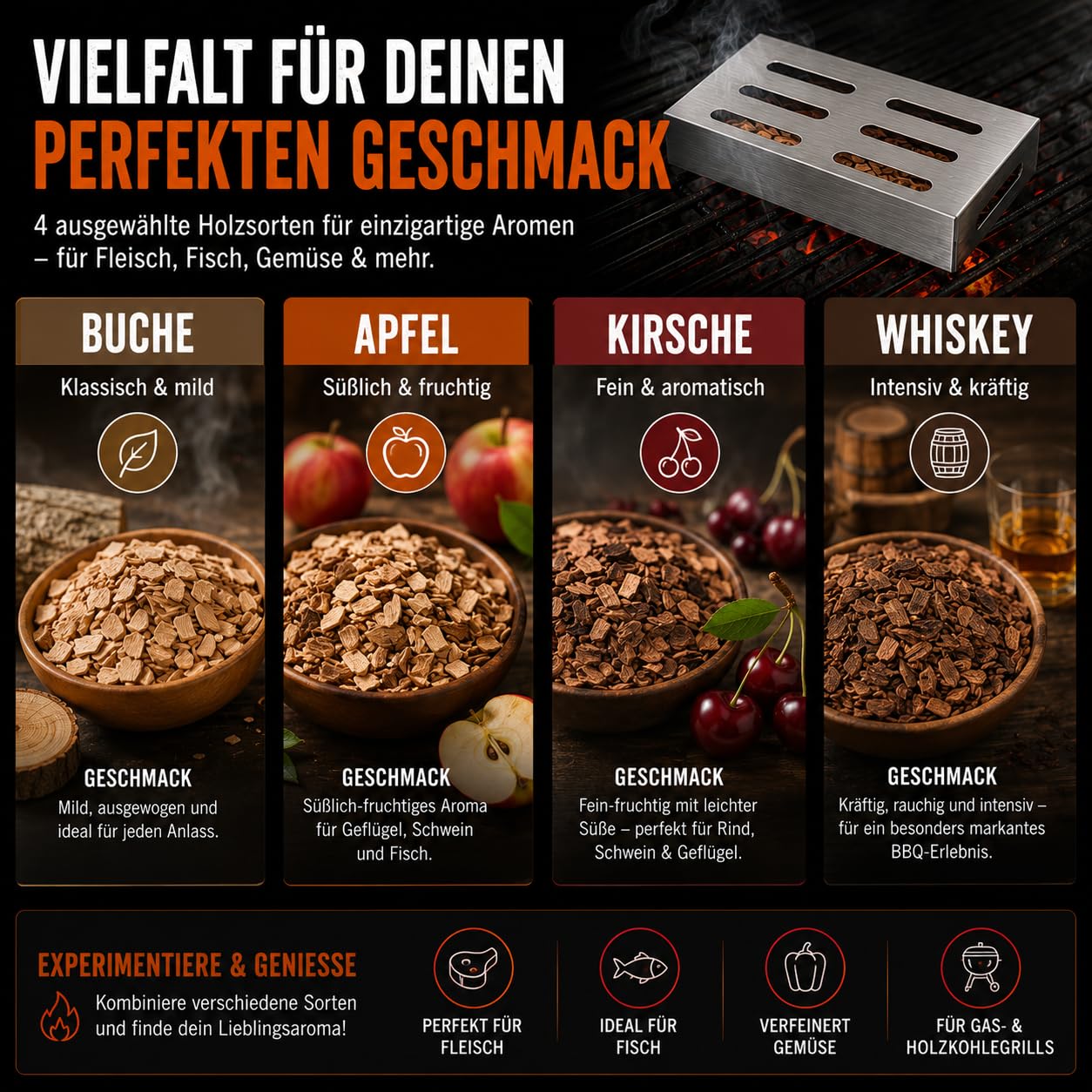 Premium Räucherbox Edelstahl mit Räucherchips Set – Smokerbox für Gasgrill, Holzkohlegrill & Smoker – 4 Holzsorten Buche Apfel Kirsche Whiskey – BBQ Geschenk für Männer (Premium Räucher Set)