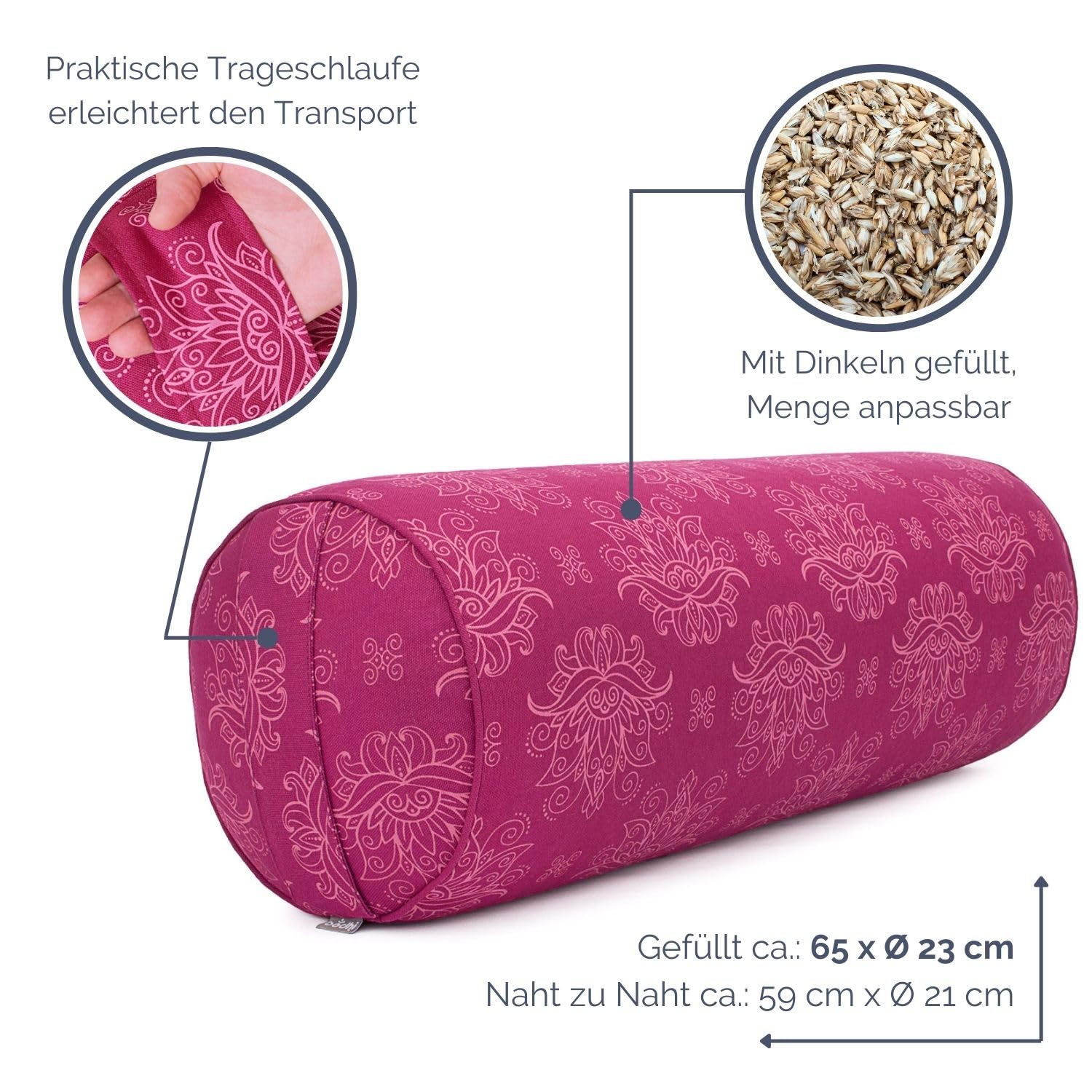Bodhi Cuscino Bolster per Yoga Ø 23 cm | Maharaja Collection | Rivestimento Rimovibile e Lavabile in 100% Cotone | Rullino Yoga con Imbottitura di Farro Bio | Cuscino Yoga per Yoga Restaurativo & Yin