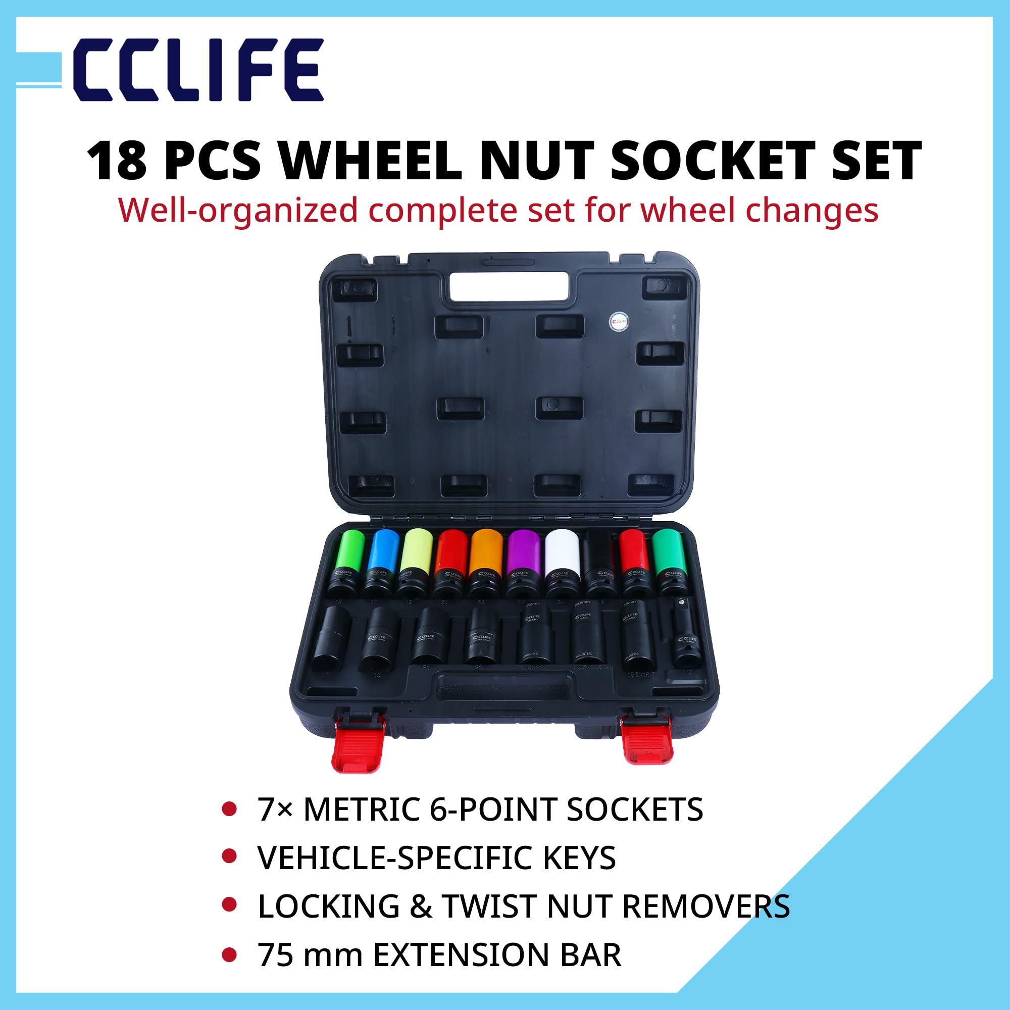 CCLIFE Set di 18 dadi per ruota da 1/2" – per Tesla, Mercedes, Hyundai – con protezione cerchione, acciaio Cr-Mo, codifica colore e funzione Twist