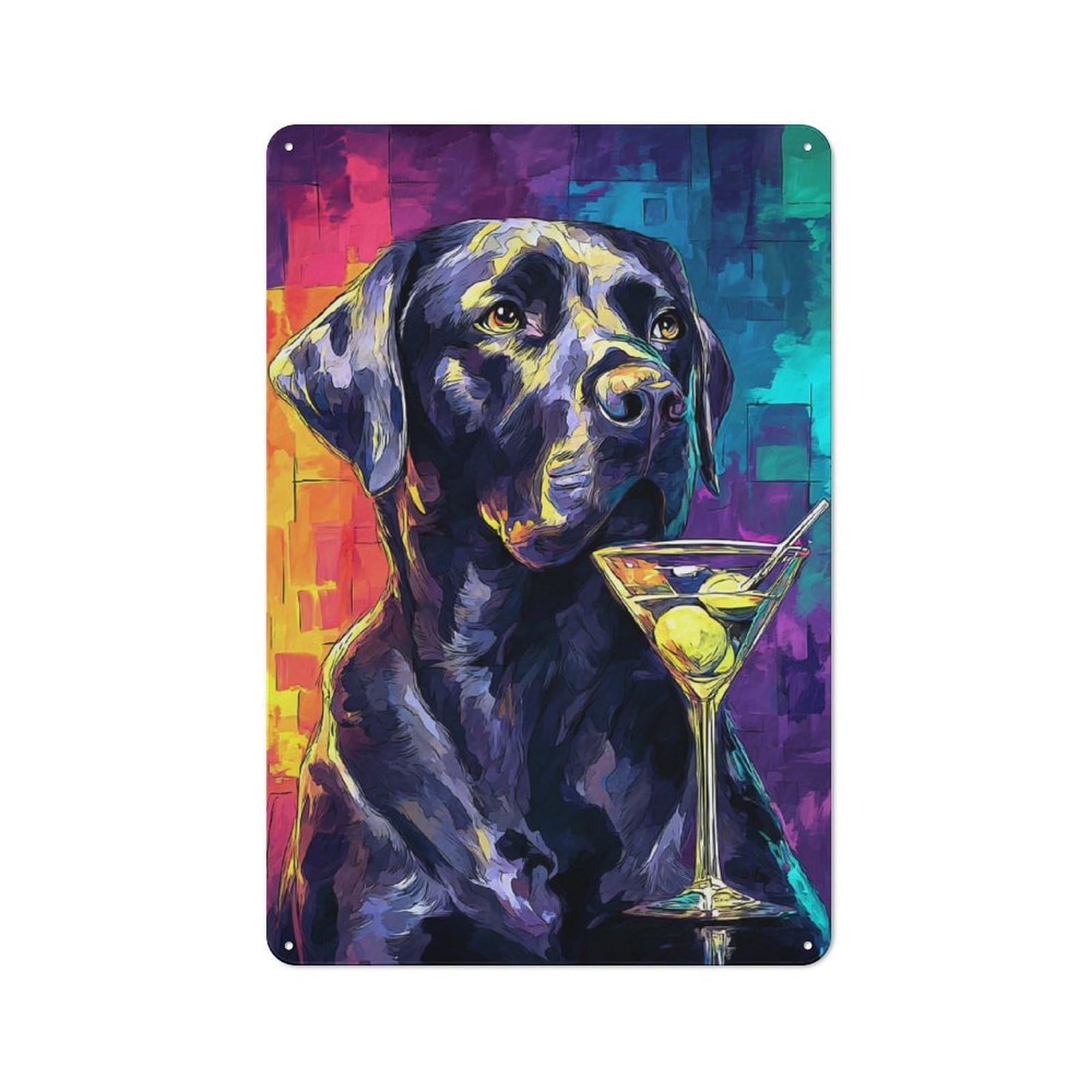 Junmoney Colorful Dog With Cocktail Industrial Metal Sign 30X20cm, Clean Industrial Loft Wall Plaque For Modern Home, Workshop, Office Or Cafe