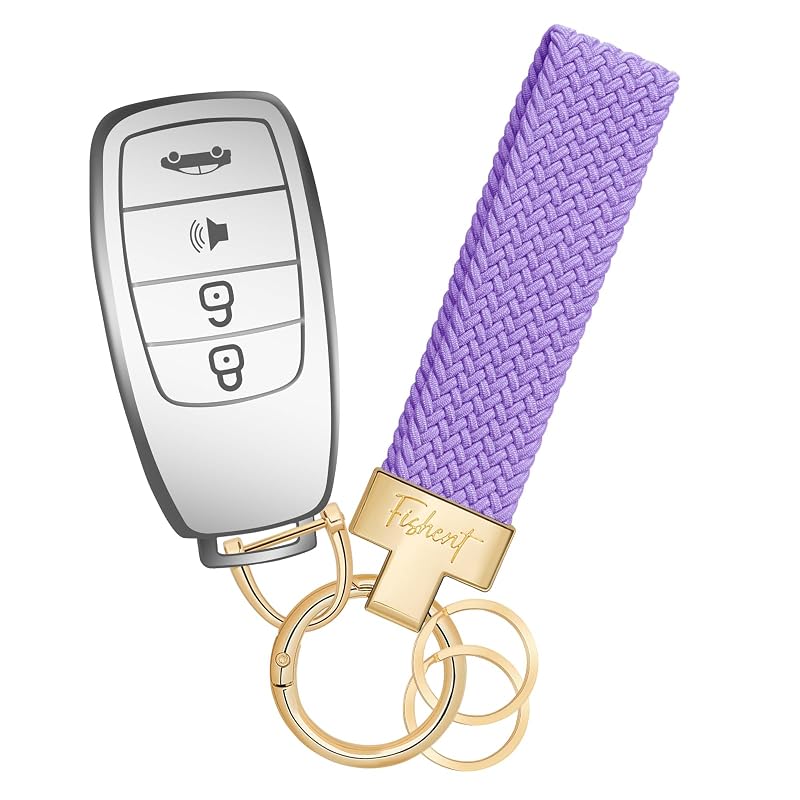 Chaveiro automotivo elástico trançado Fishent com argola D, 3 argolas para chaves e mini chave de fenda, lavanda