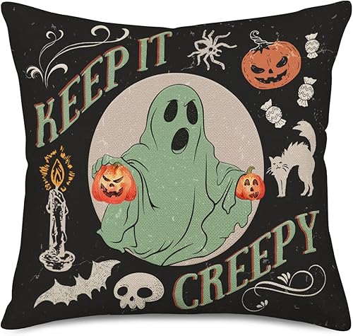 Fundas de almohada vintage de Halloween, fantasma negro y verde que lo mantiene espeluznante, calabaza, asustado, gato, murciélago, araña, truco o
