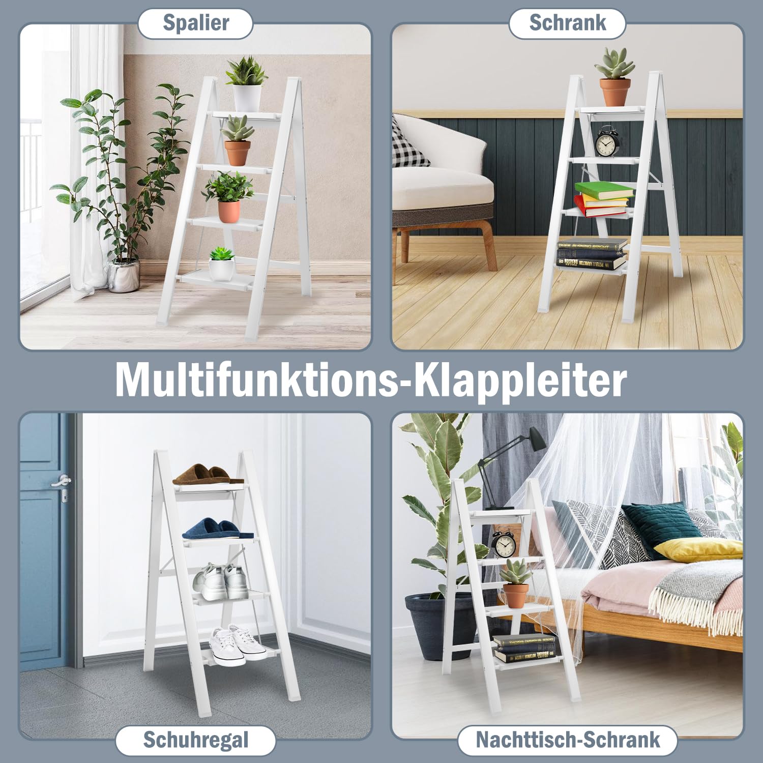 Aluminium Stufenleiter, 4 Stufen Klapptritt, Aluminium Tritthocker, rutschfeste Stehleiter, klein und kompakt, Belastbar bis 150 kg für Haushalt/Büro/Tragbare Lagerregal(Weiß)