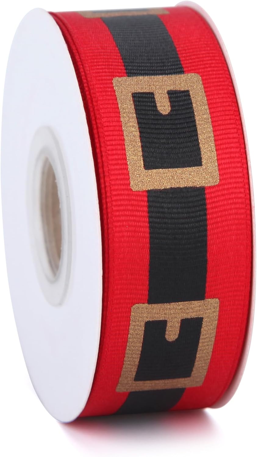 Meseey 20 Yards Santa Belt Grosgrain Ribbon 7/8 Inch Red Black Gold Craft Ribbons for Christmas Gift Wrapping Wreath Bow DIY Crafts Supplies