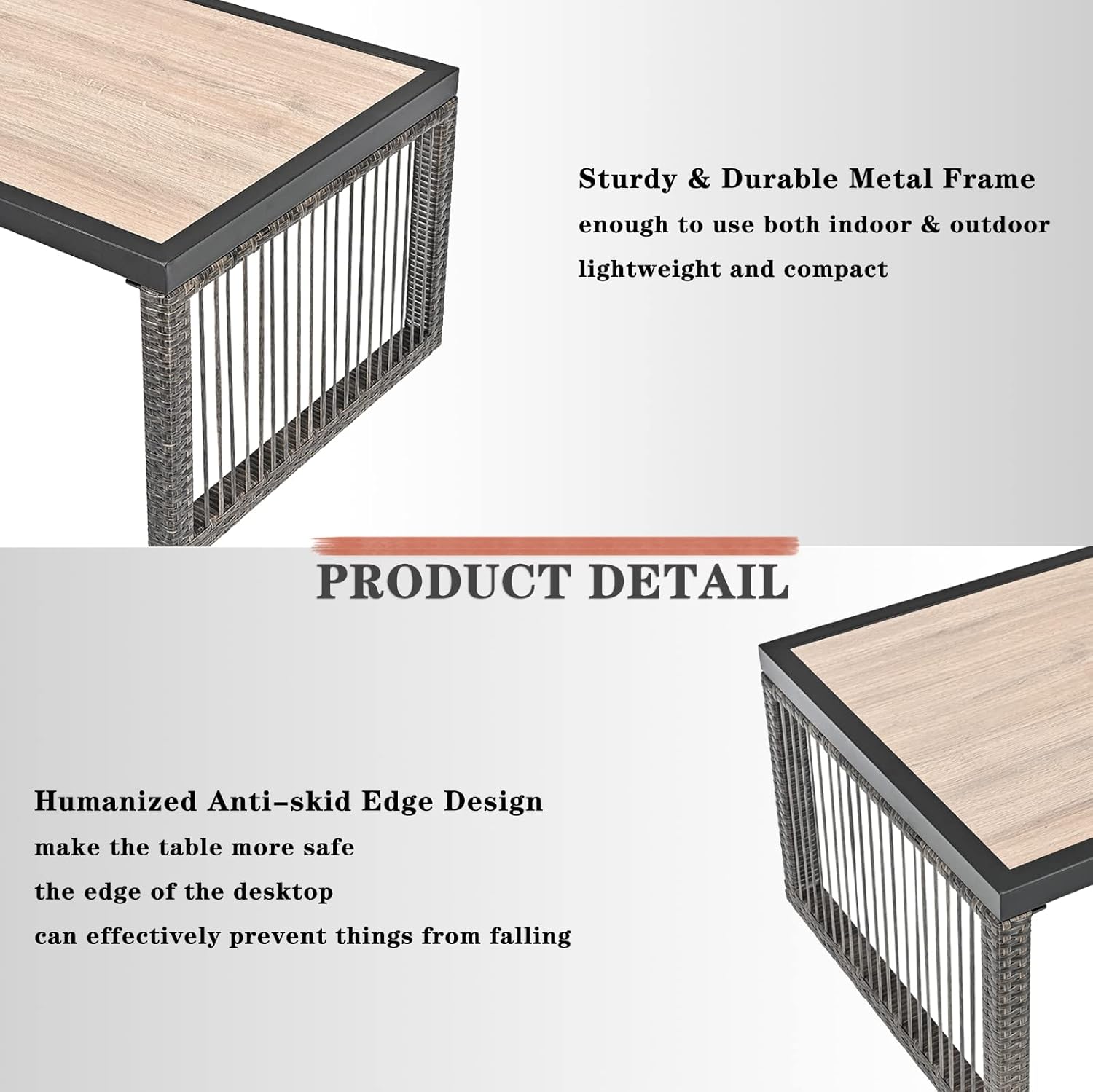 Festival Depot Wicker Patio Coffee Table All-Weather Metal Square Dining Table Waterproof Outdoor Sectional Furniture with DPC Desktop for Bistro Balcony Garden Pool Lawn Backyard