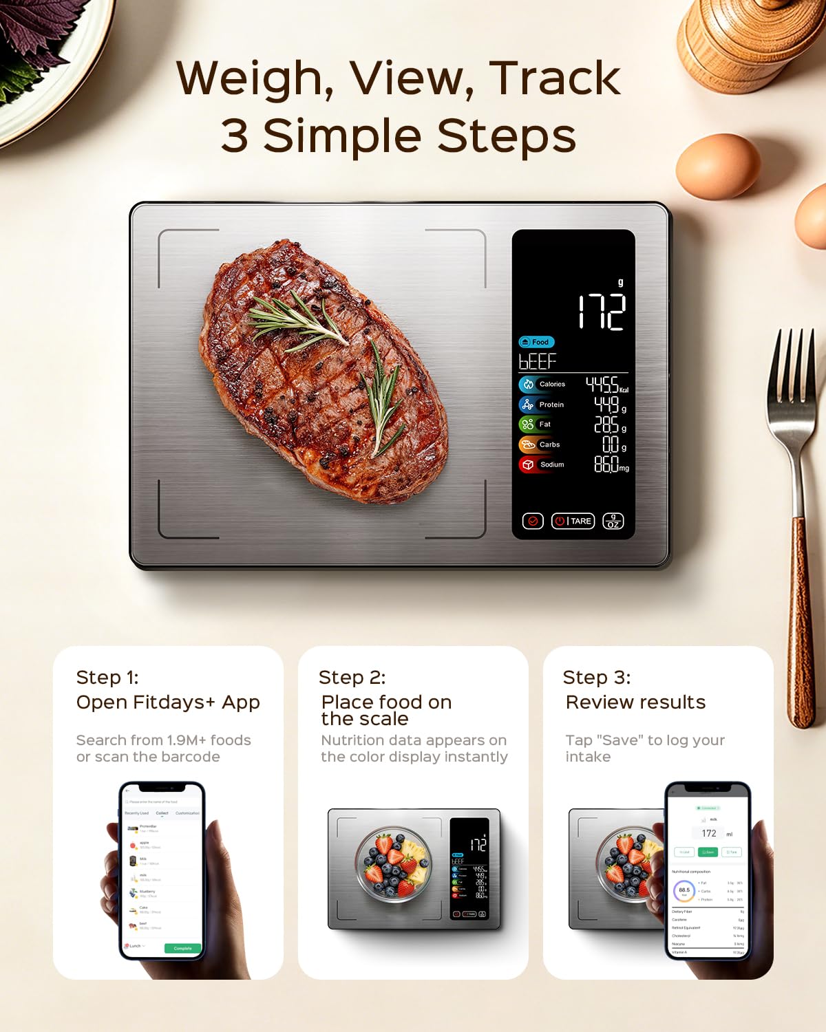 Báscula inteligente de alimentos con calculadora nutricional