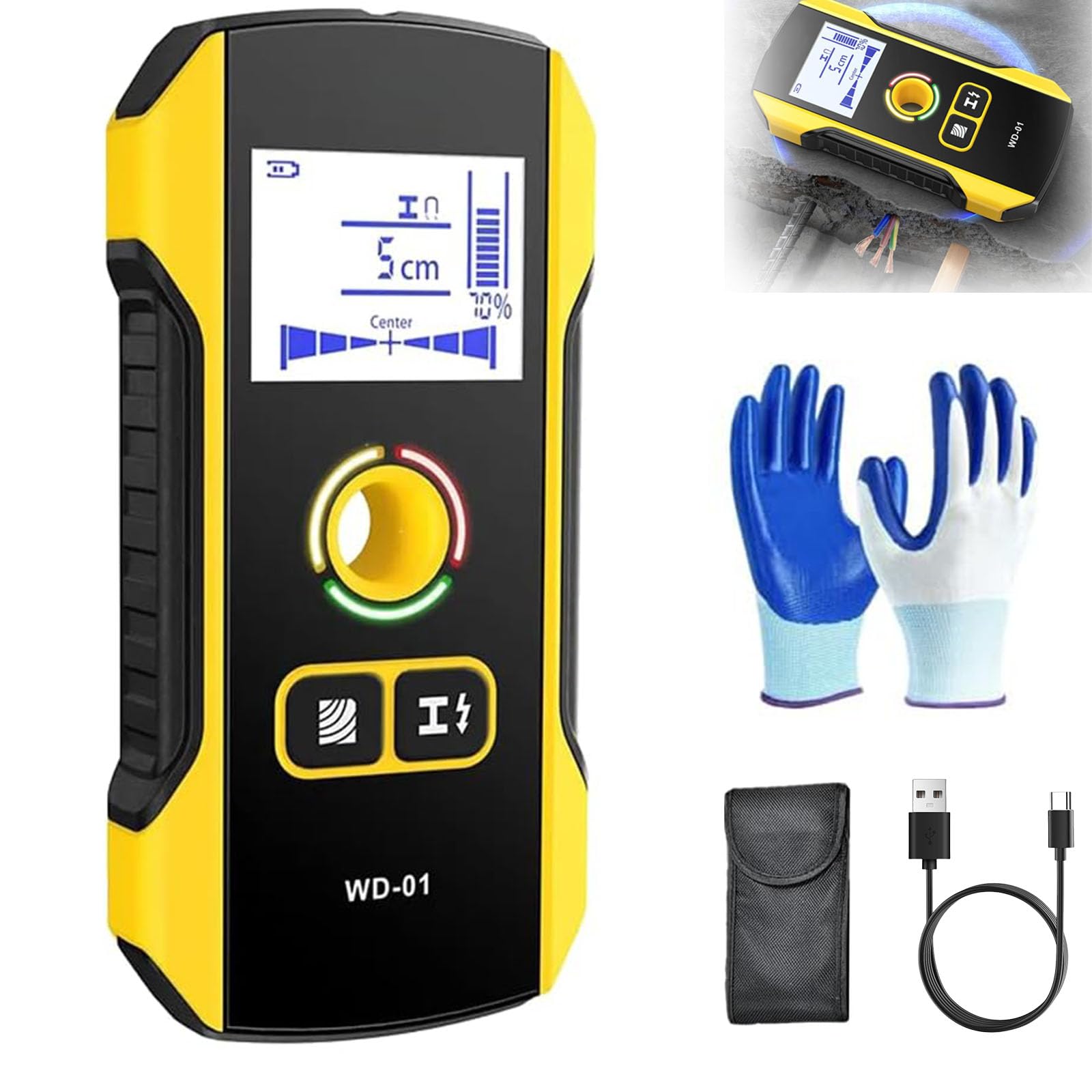 Rilevatore di metalli di precisione da parete con foro di posizionamento, scanner digitale 3 in 1 per rilevare fili interni, metalli profondi, tubi dell'acqua, travetti del pavimento (1 pezzo)