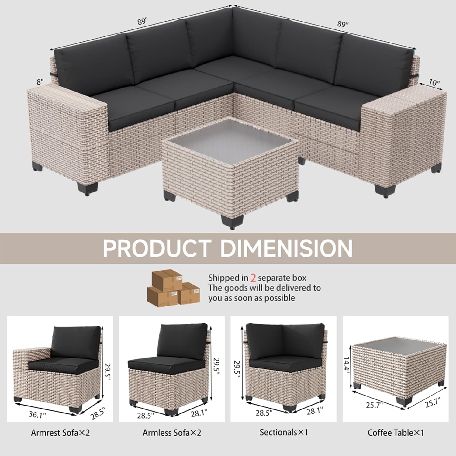 6-Piece Outdoor Patio Furniture Set, Modular Sectional Sofa Set with Glass Coffee Table and Cushions, Wicker Outdoor Couch Conversation Sets, Black