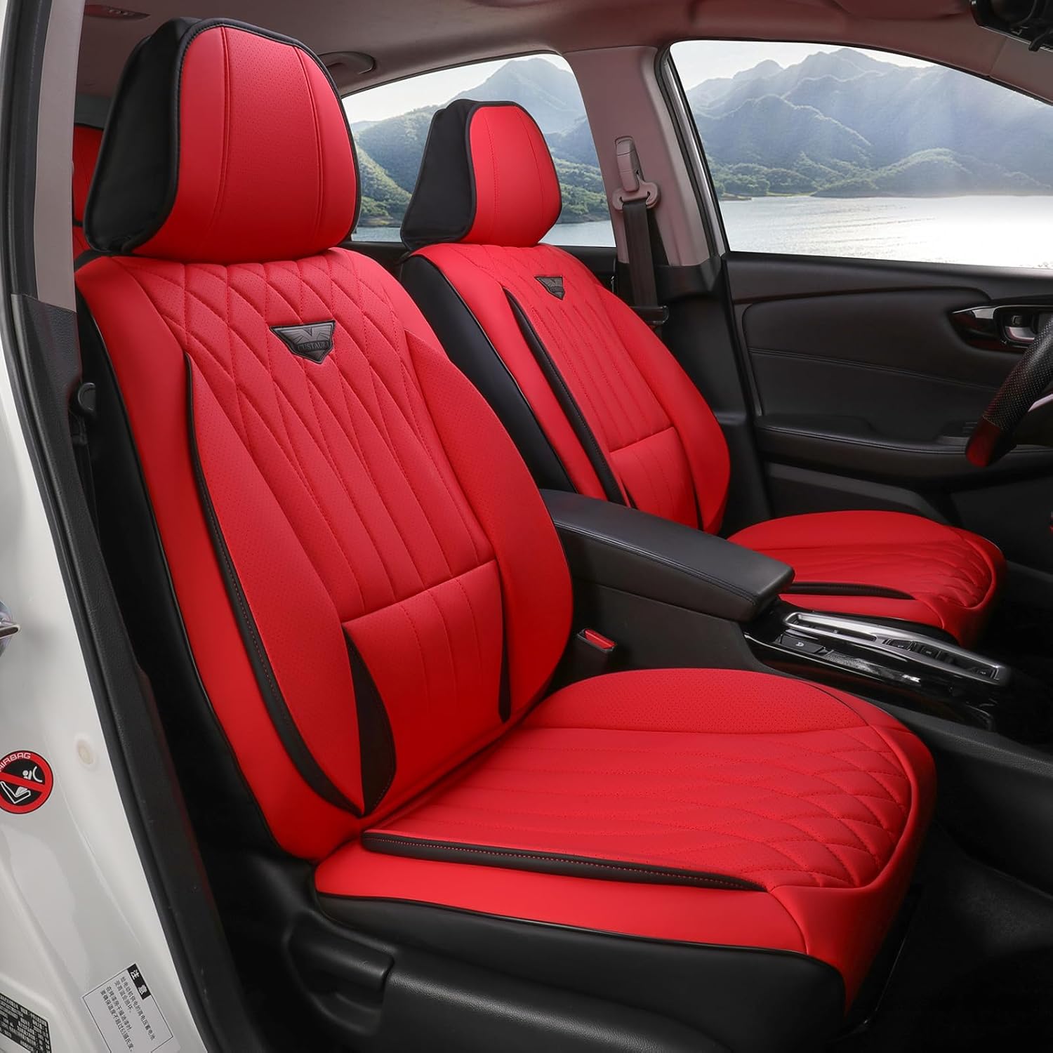 Semi-Custom Car Seat Covers Full Set, Luxury Red Leather Seat Covers Universal for Most Cars, Sedans, SUVs Leather Car Seat Cushion, Waterproof & Comfortable, Nappa Leather(Black & Red)
