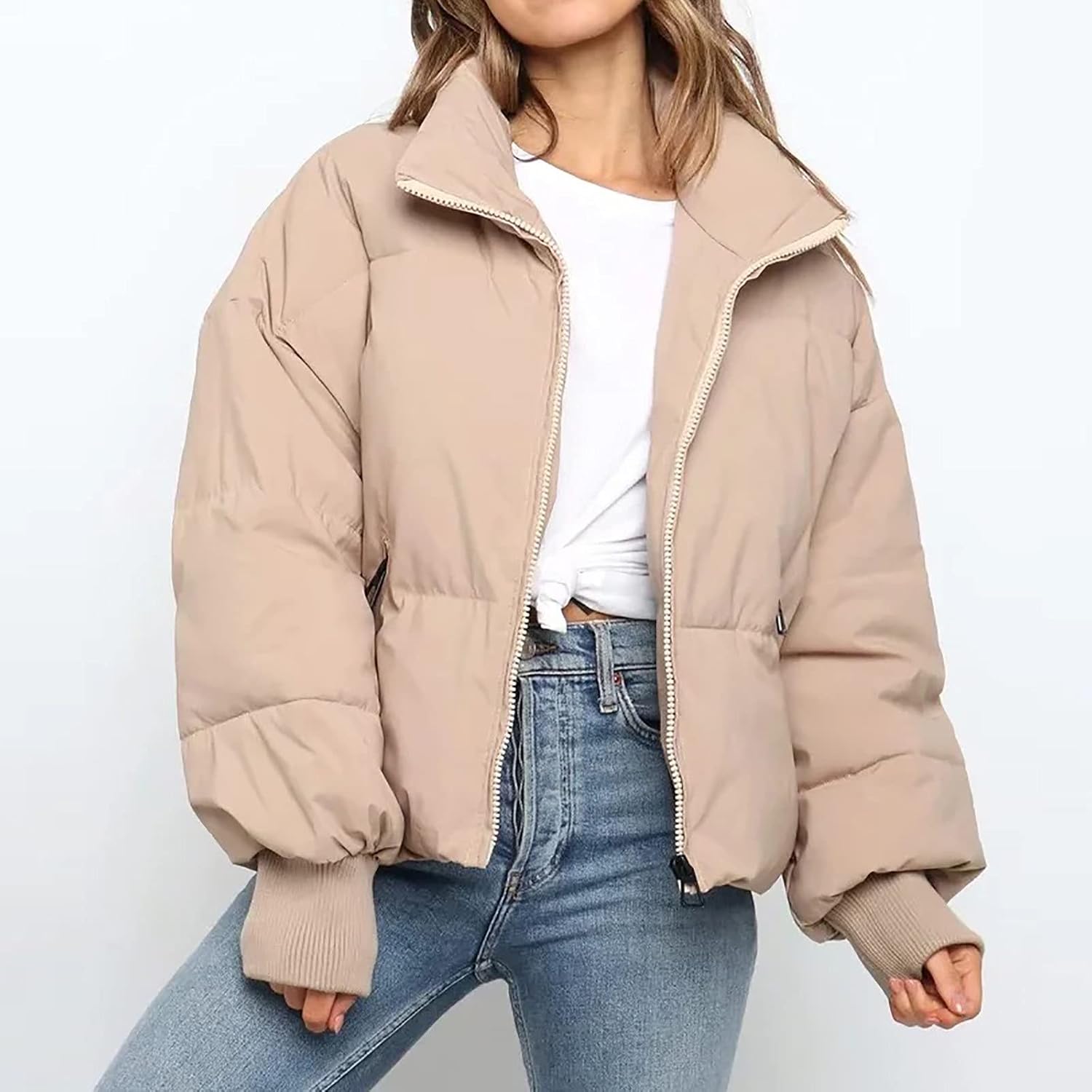 tuduoms Women's Baggy Puffer Short Jacket Winter Full Zipper Cropped Down Coat Teen Girls Lightweight Quilted Jacket Outwear