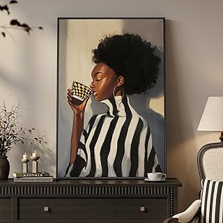 Framed Black Woman Coffee Wall Art, African American Canvas Picture Prin...