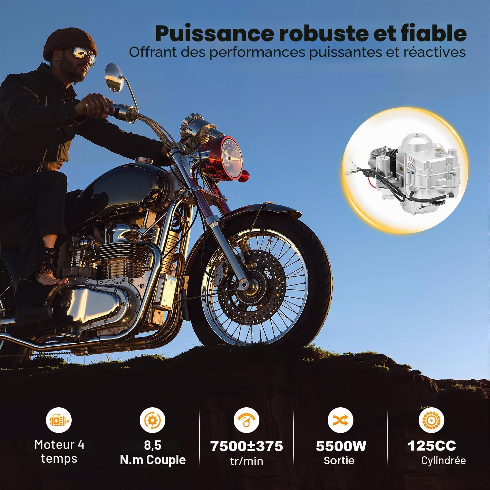 Moteur monocylindre 125 cc 4 temps ATV couché, démarreur électrique refroidi par air, allumage CDI, 3 vitesses avant avec marche arrière, avec câblage, filtre à air + carter de chaîne