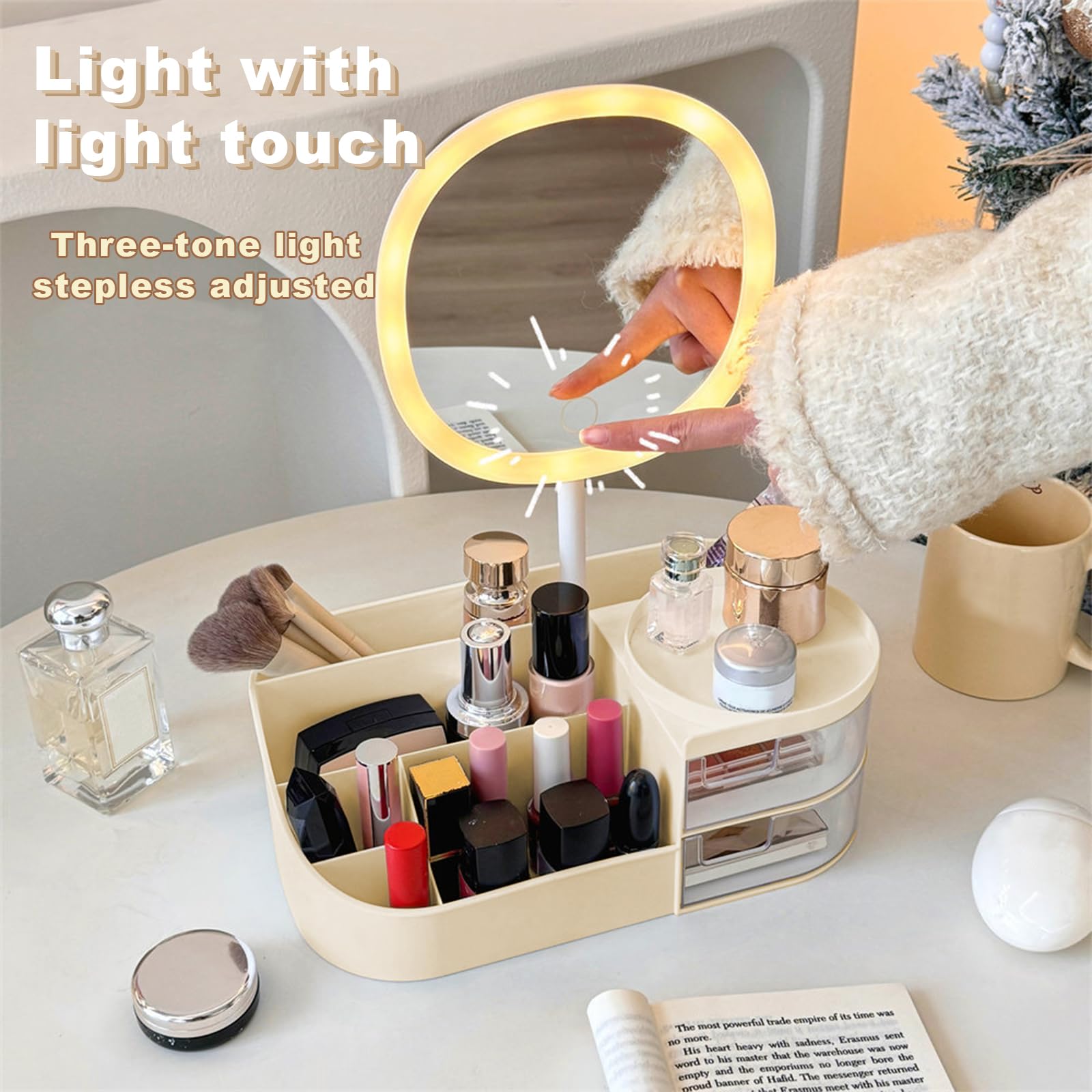 DASITON Makeup Organiser with Rechargeable Mirror, Large Capacity Dressing Table Organiser with 2 Drawers - Image 3