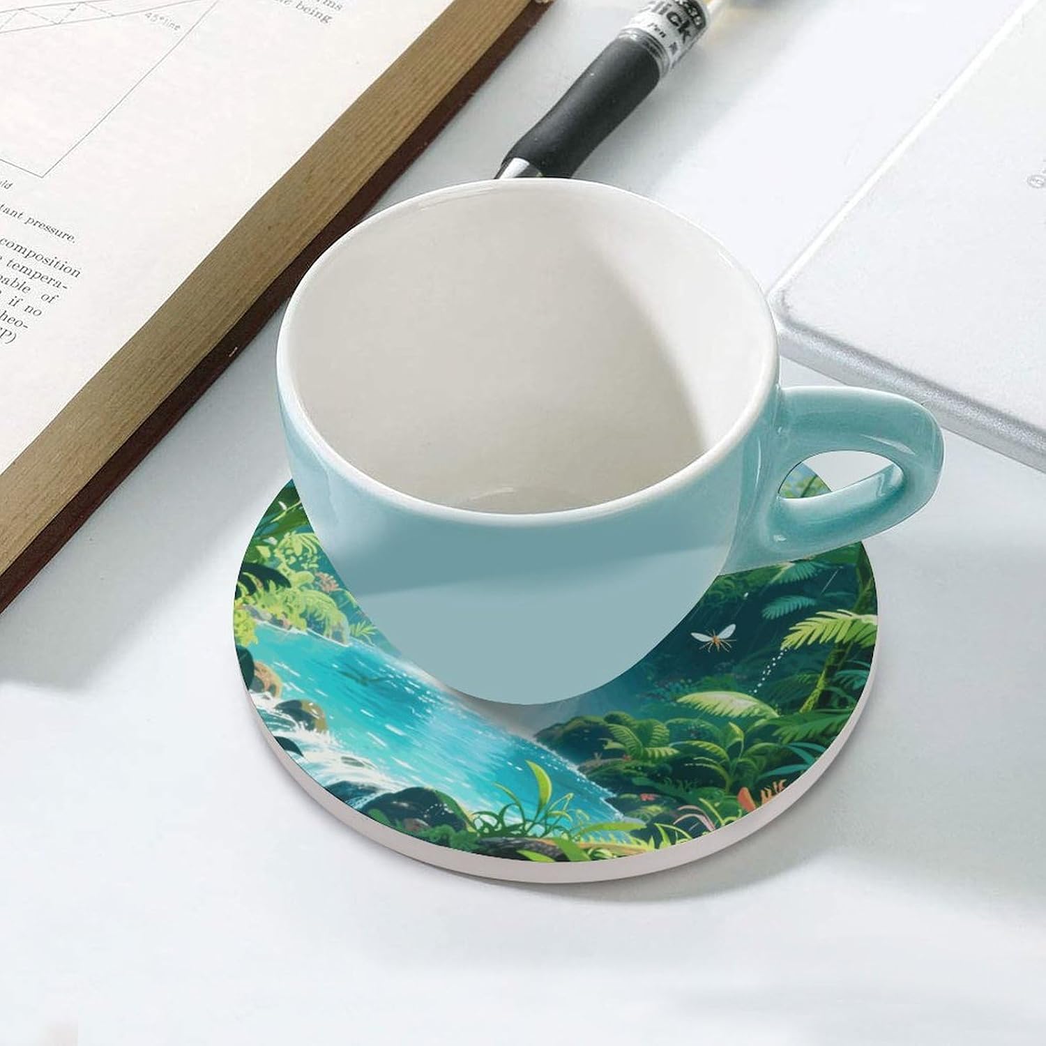 Rainforest Pool Ceramic Coasters with Cork Back | 4.1in Round Heat Resistant Table Mats for Mugs Wine Glasses Home Bar Kitchen Counter Daily Household Use