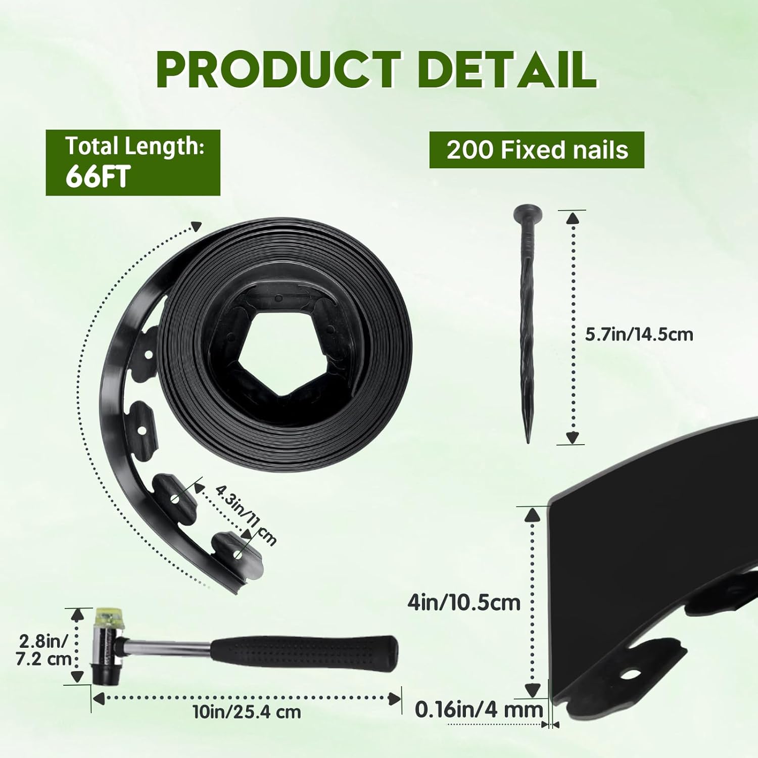 No Dig Landscape Edging 66FT, 4 Inch Plastic Edging for Landscaping with 200 Spikes, for Garden, Lawn, Flower Beds and Yard, Black