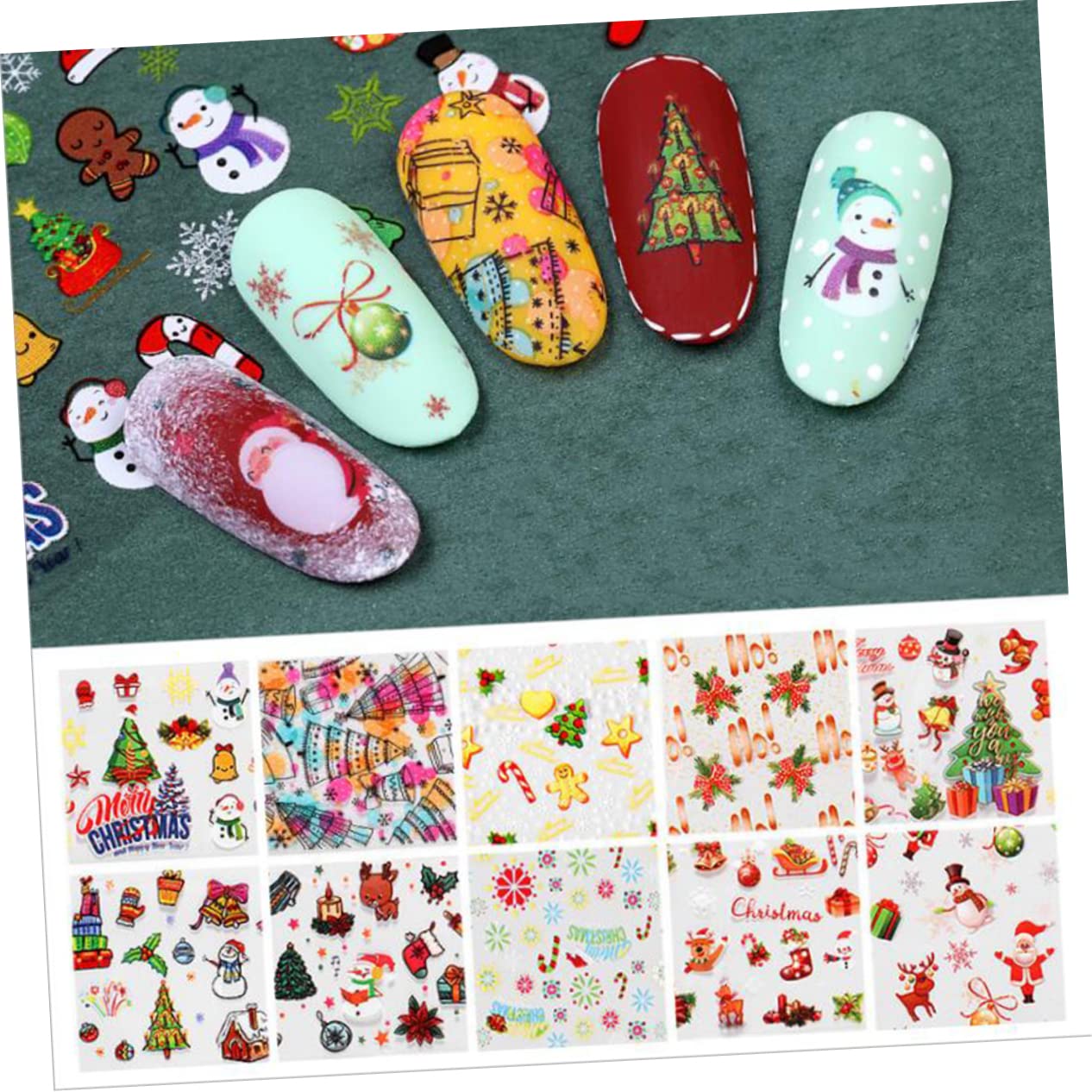 FRCOLOR Juego De 9 Pegatinas Navideñas Con Relieve Para Uñas Con Diseños De De Nieve Papá Noel Muñeco De Nieve Ciervo Y Árbol De Navidad Para Mujer.