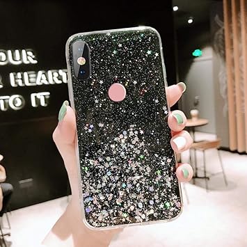 Vonzee Back Covers for Mi Redmi Note 6 Pro, Luxury Fashion Non Moving Sparkling Bling Shining Glitter Stars Soft Silicone Mobile Cover for Girls & Women for Mi Redmi Note 6 Pro (Black)