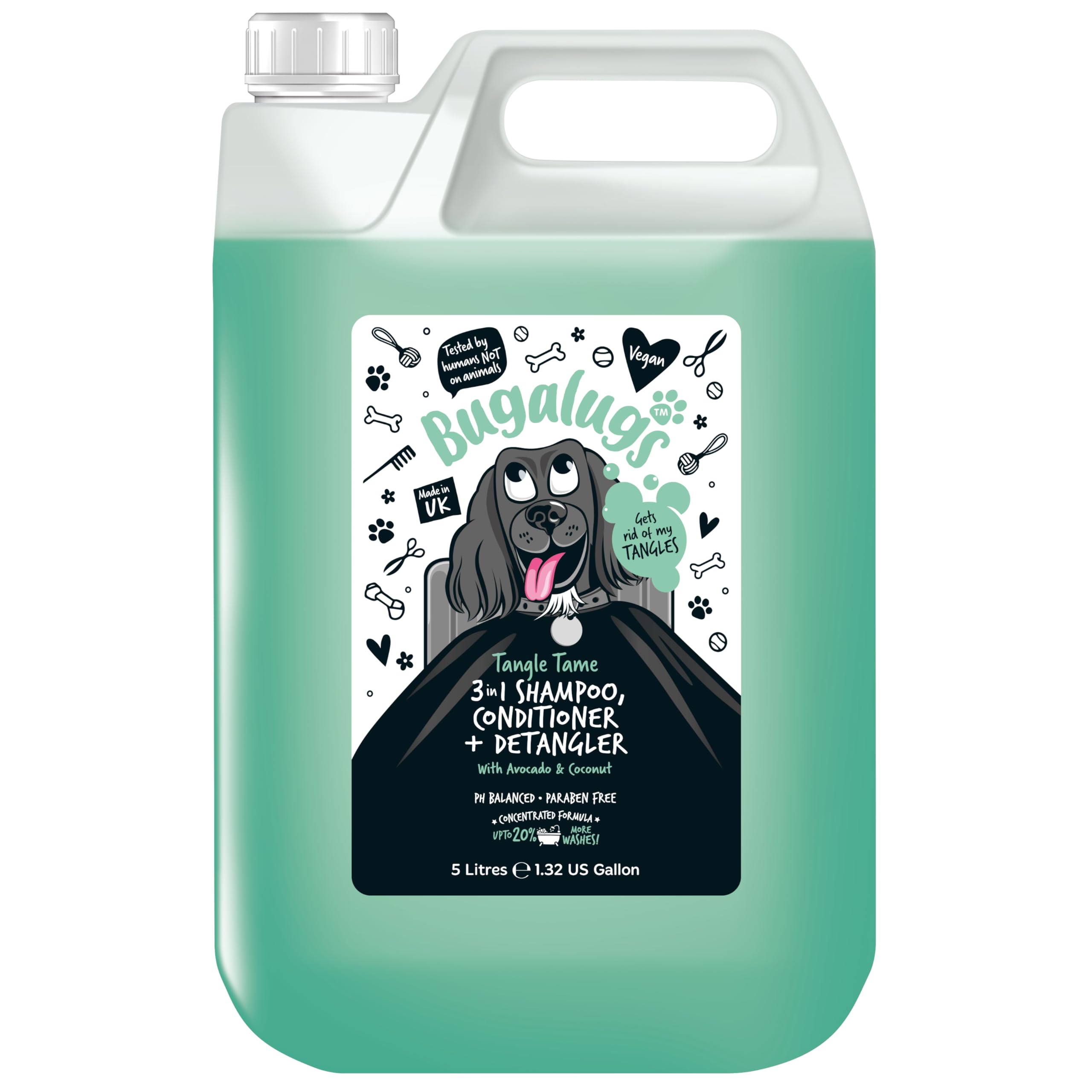 BUGALUGS Dog Shampoo Tangle Tame 3 in 1 Avocado & Coconut dog grooming shampoo, conditioner & detangler - products for smelly dogs with fragrance, best puppy shampoo, professional groom (5 Litre) โ image 1