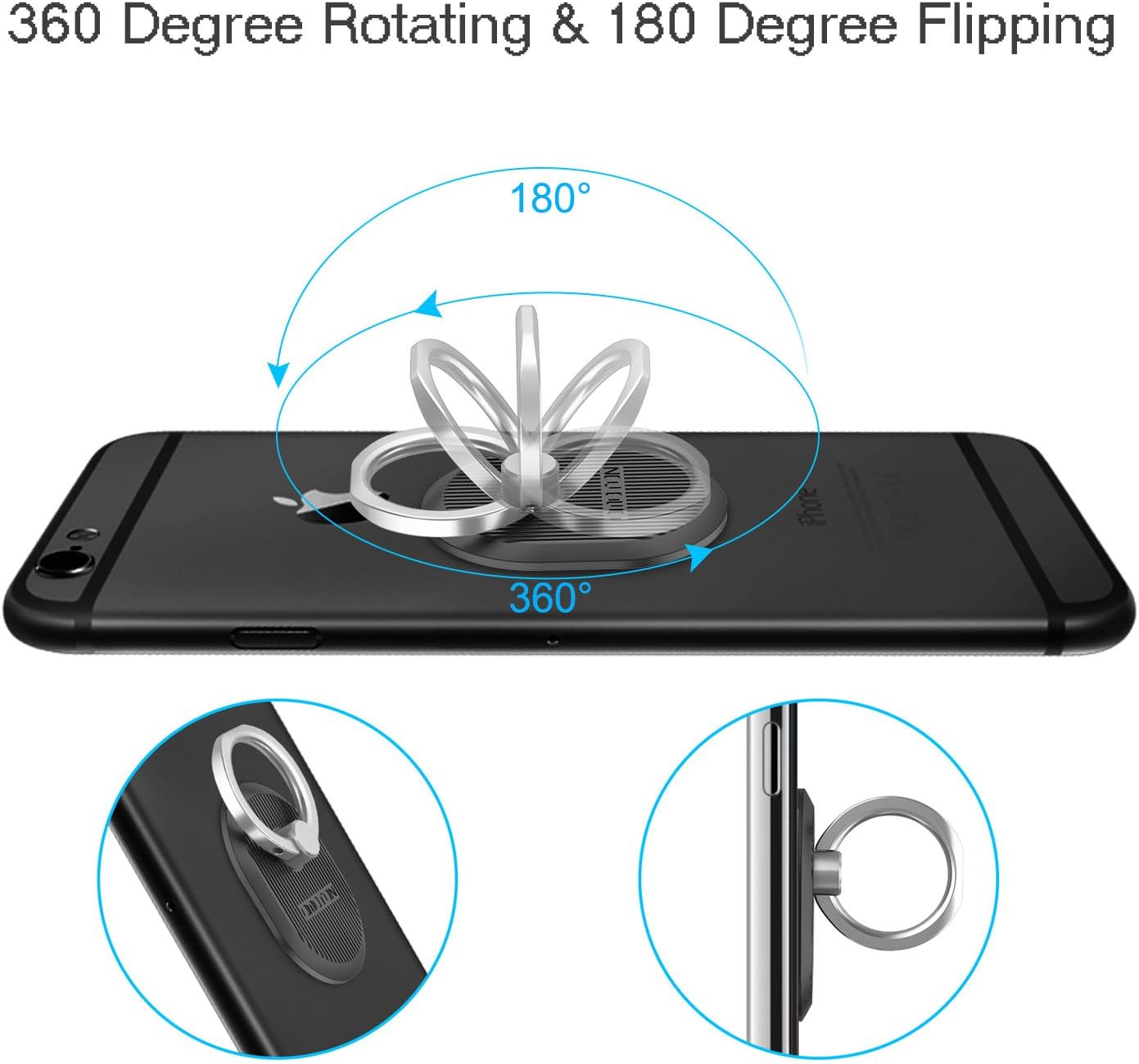 Phone Ring Stand Holder [2 Pack] - OMOTON Universal Cell Phone Grip Kickstand with 360 Degree Rotation Ring for and Almost All Phones/Cases - Black/Rose Gold