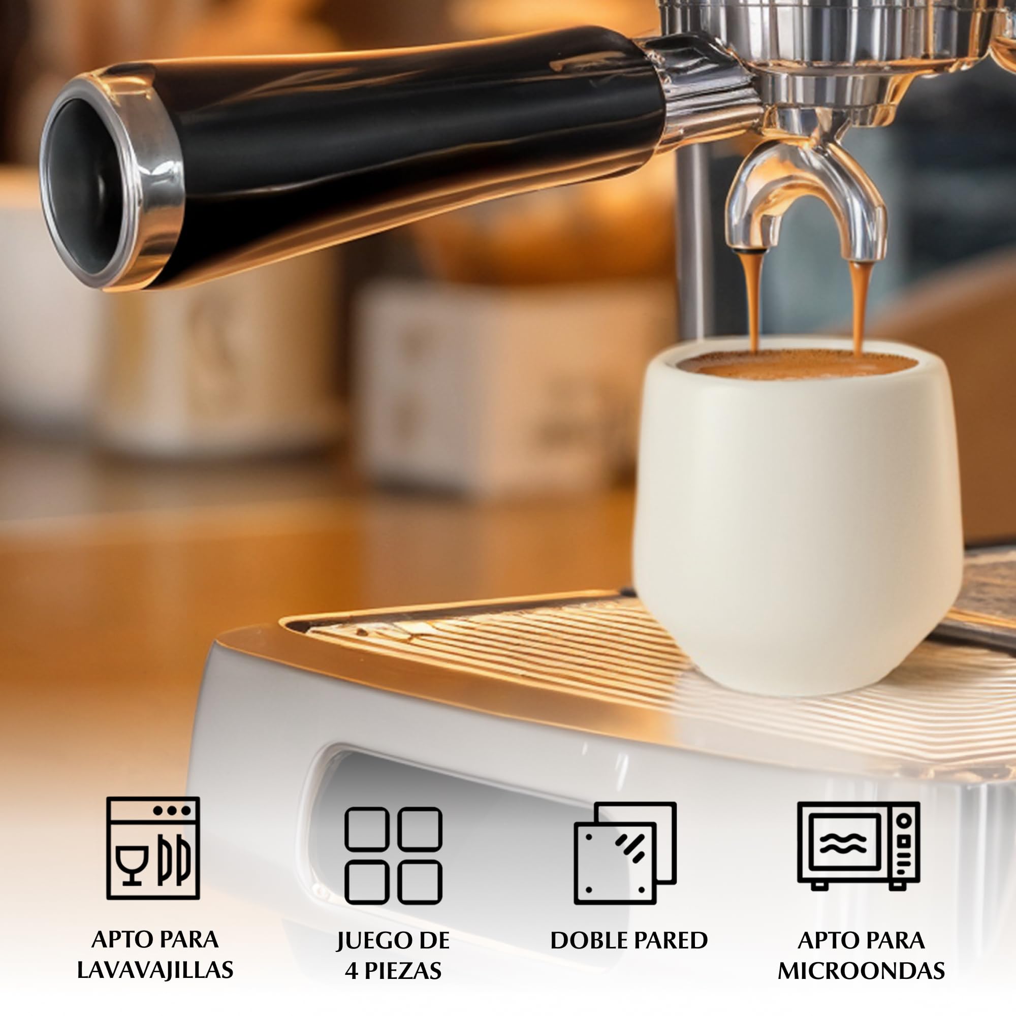 MIAMIO - Tazas de Espresso Set de 4, Cerámica (80ml) - Luxe (Blanco crema) | Tazas de espresso de cerámica sin asa, gruesas, para espresso y moka, juego de 4, aptas para lavavajillas, uso diario
