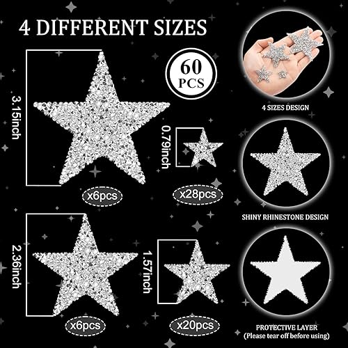 Miniatura 2 de 60 parches de estrellas plateadas, parches para planchar con estrella con purpurina, apliques adhesivos de diamantes de imitación para ropa, jeans,