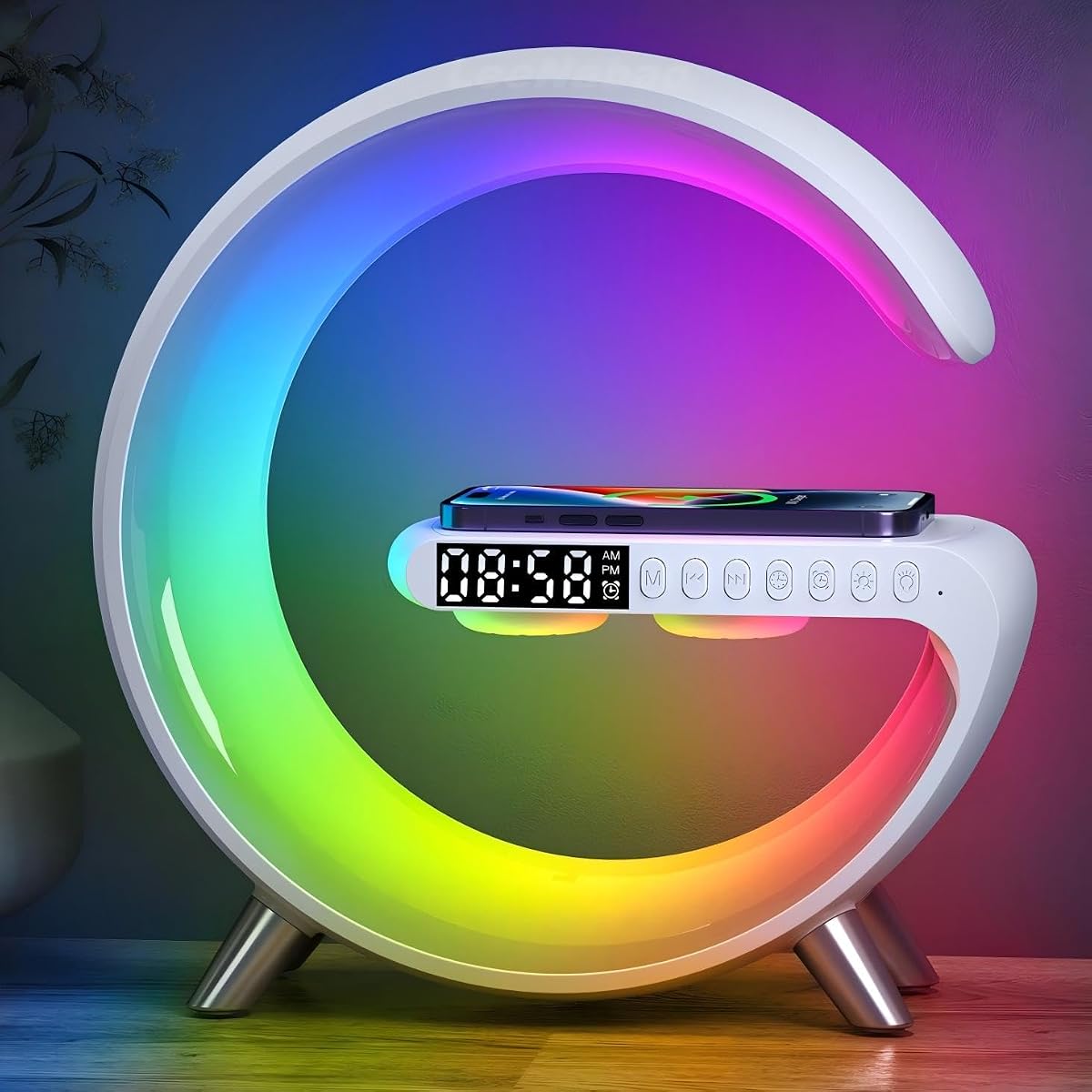 Lámpara de mesa LED 5 en 1 con altavoz Bluetooth de carga inalámbrica | Reloj despertador con luz nocturna controlado por aplicación para regalos de cumpleaños de Navidad para adolescentes, adultos, escritorio, oficina, decoración de dormitorio