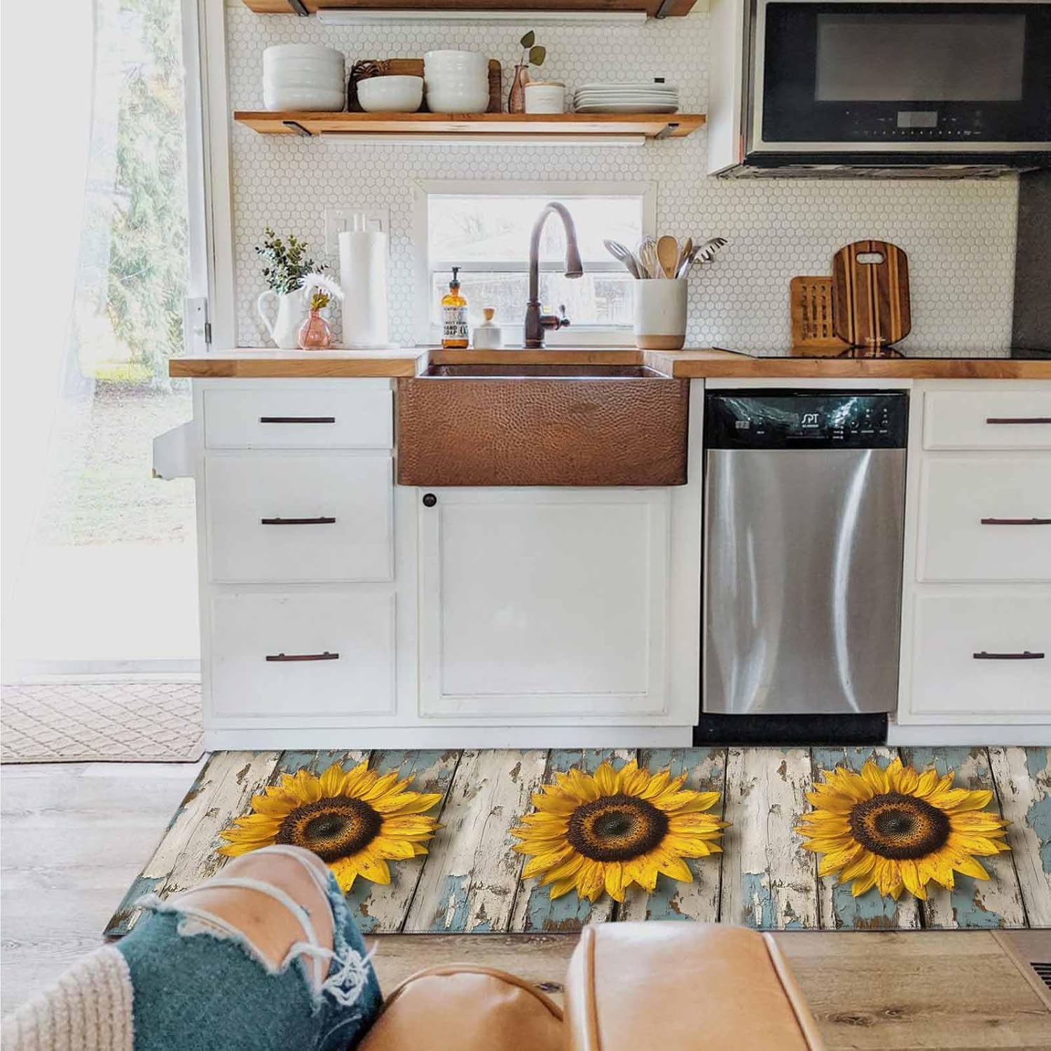 2 Pieces Kitchen Rugs and Mats,Summer Sunflower Vintage Wood Area Runner Rug Set Non Slip Floor Doormat Washable Carpet Standing Mat for Kitchen Sink Indoor Corridor,Farmhouse Rustic Wooden Floral