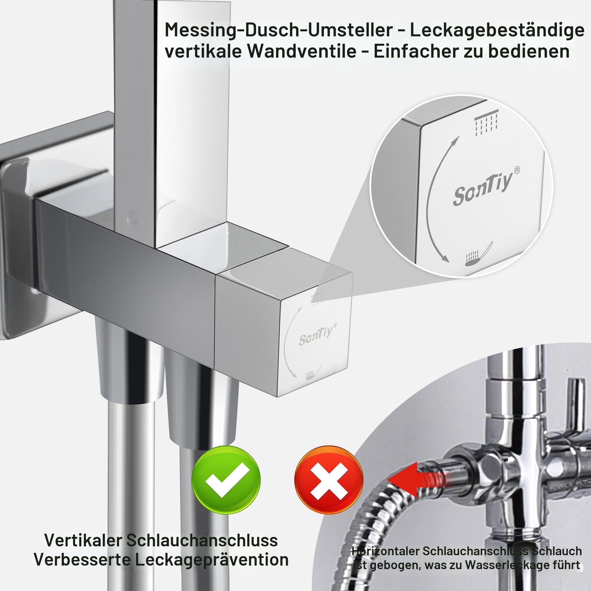 SonTiy Duschsystem Regendusche, Edelstahl Duschset ohne Armatur, Schwenkbare Quadratische Duschgarnitur mit Duschkopf Regendusche 20X30cm & 3 Strahlarten Handbrause, Messing Duschumsteller, Chrom