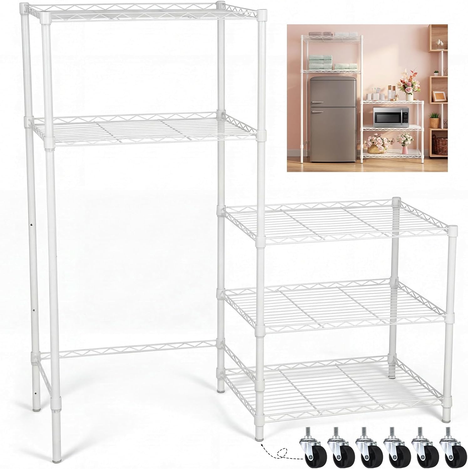 Threehoney Mini Fridge Shelf Stand with Metal Storage 3 Shelf Add on Standard for Dorm Microwave Stand Over Mini Fridge Storage Adjustable Height Organizer for College Rooms Kitchen (White)