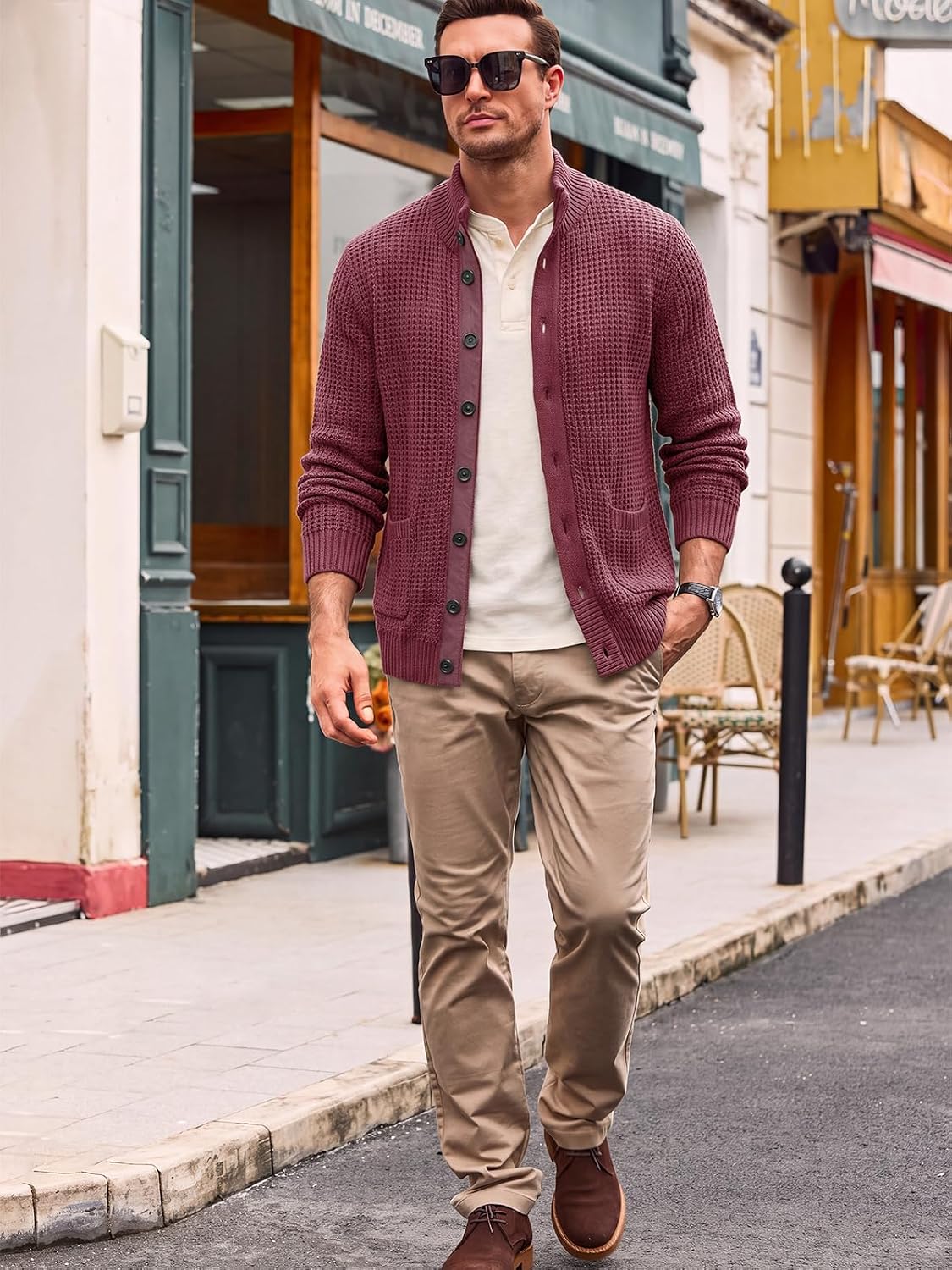 Runcati Mens Casual Waffle Knit Cardigan Sweater Stand Collar with Pockets