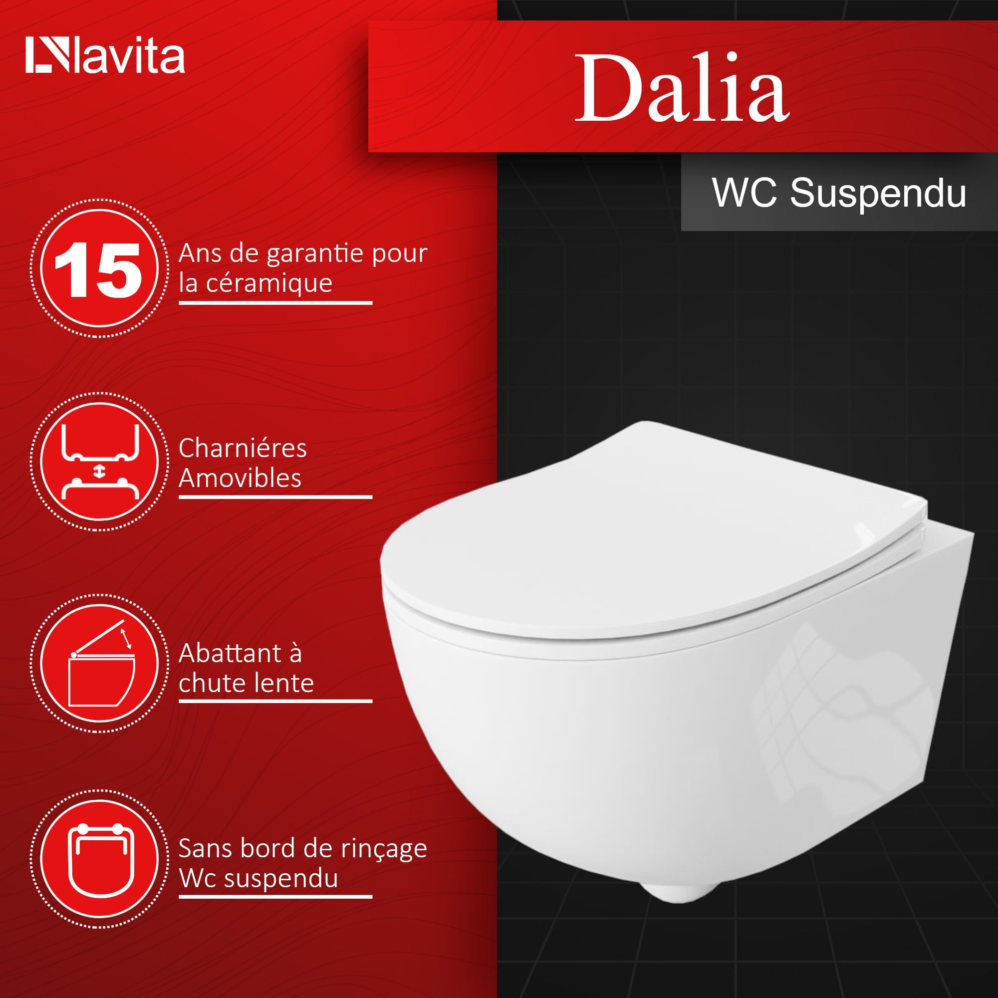 LAVITA WC mural Dalia - Abattant WC suspendu avec système d'abaissement automatique et charnières en métal - Sans bord - 360 x 520 x 410 cm - Blanc brillant