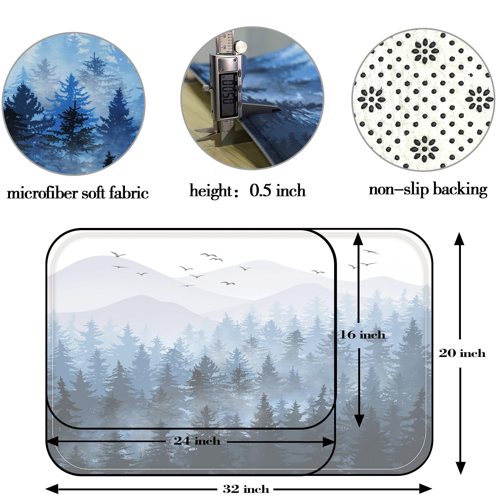 Accnicc Blue Misty Forest Bathroom Rugs Mat Nature Tree Mountain Bath Rug Water Absorbent Non Slip Shower Mat Memory Foam Bath Mats for Bathroom Decor (32'' Ã— 20'')