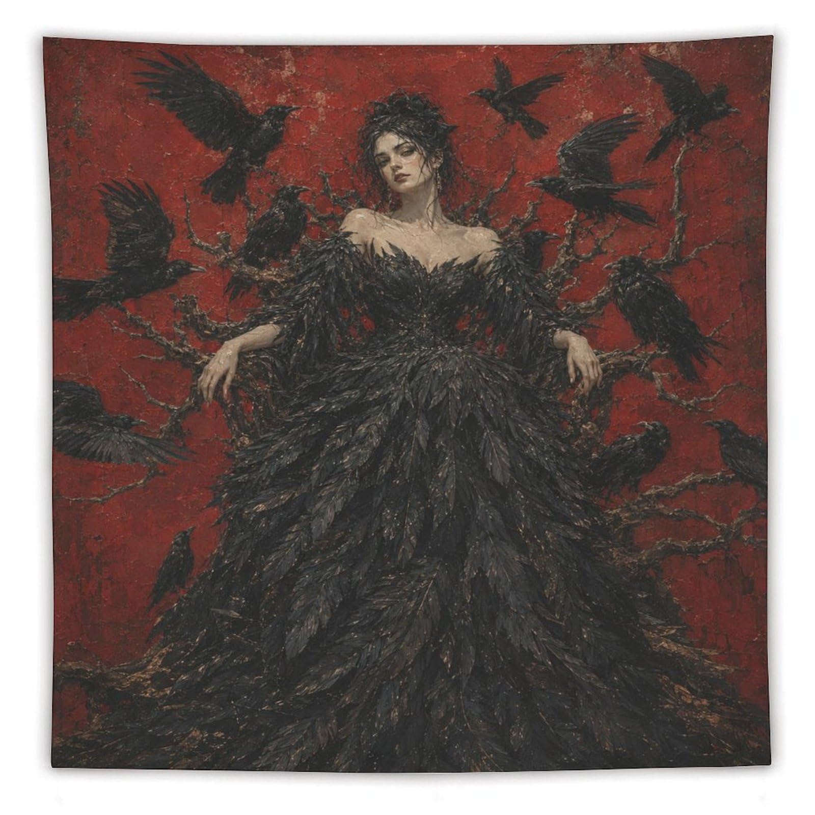 H3B8U2Y5 Raven Woman with Black Feather Dress Wall Tapestry, Dorm Room