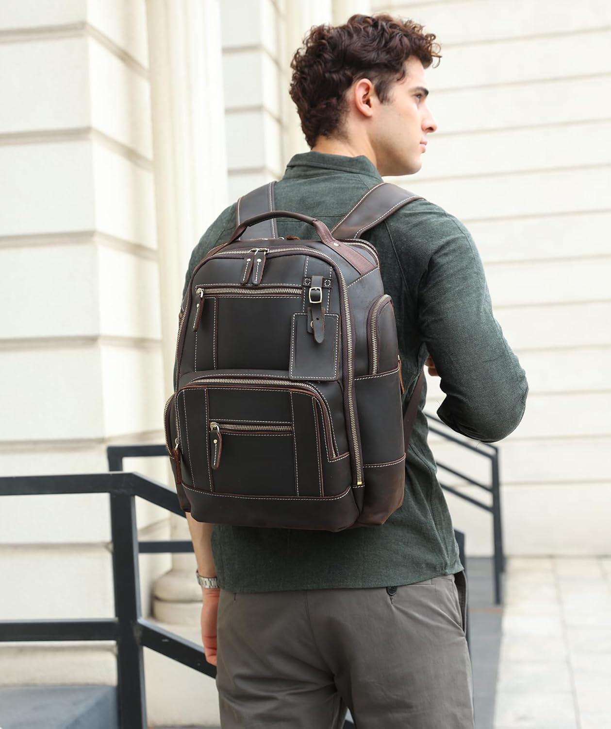 LANNSYNE Vintage Genuine Leather Backpack for men, 15.6" Laptop Backpack Travel Camping 24L Rucksack - Image 7