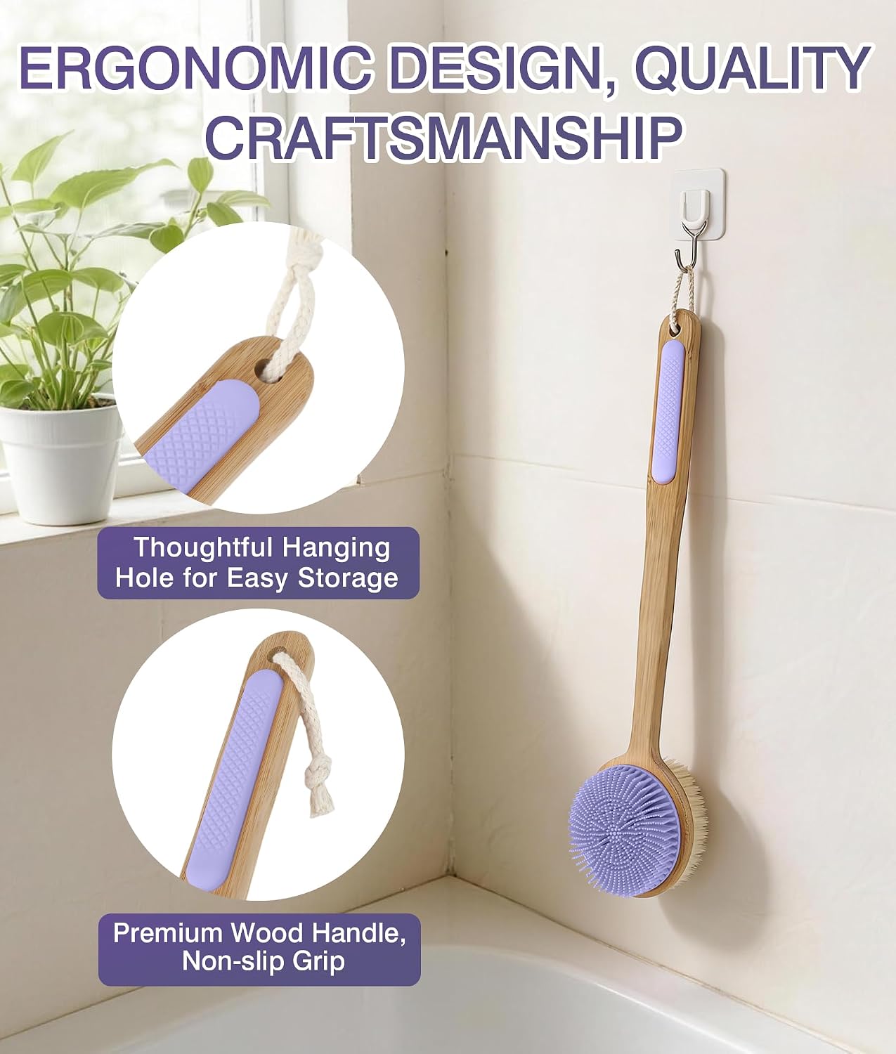 Back Scrubber for Shower + Body Scrubber 2 Pack, Dual Sided Silicone & Nylon Bristles Lather Well - Exfoliating Anti-Slip Wood Long Handle Back Scrubber Body Exfoliator for Wet/Dry Bath Brush Pp&Gr