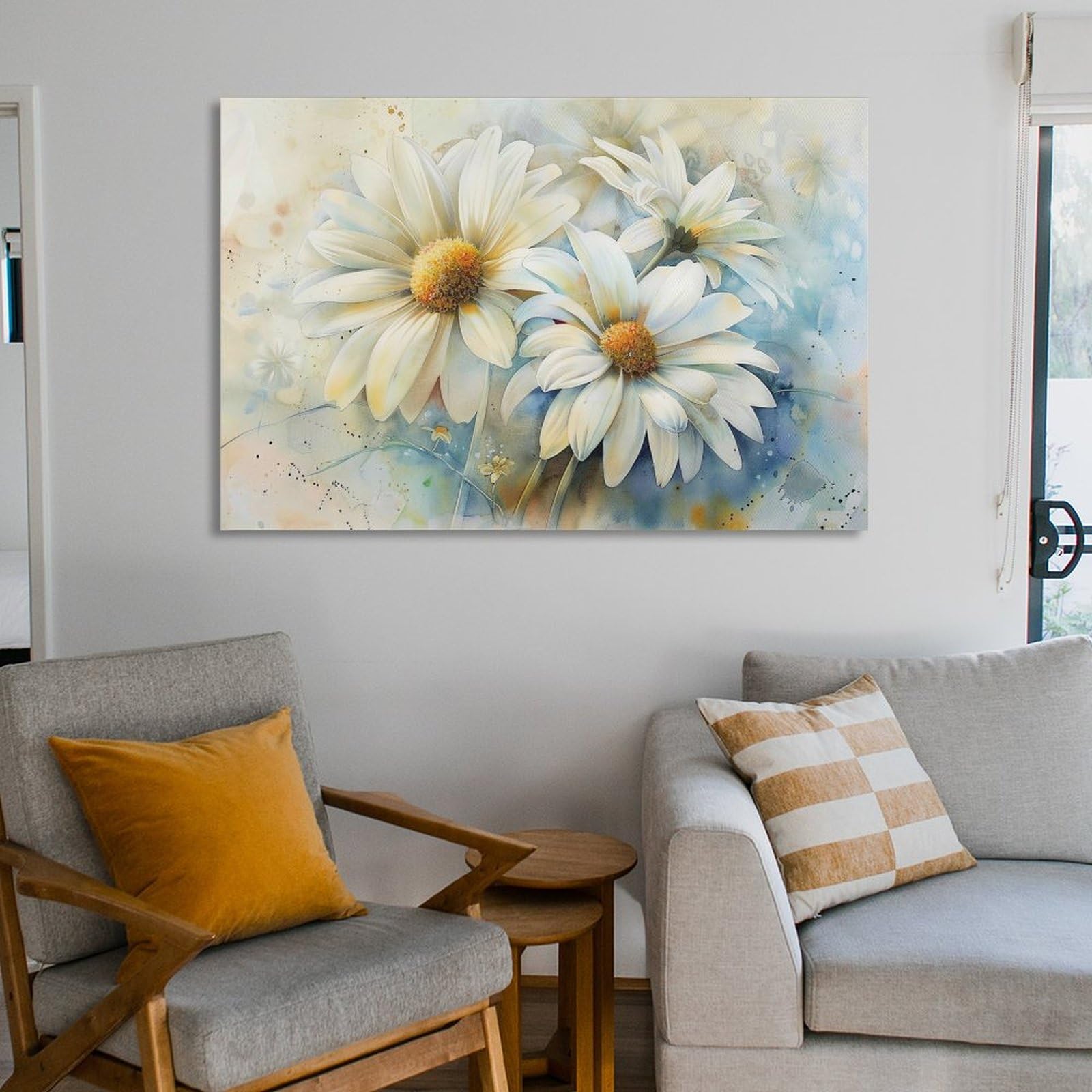 Amazon.co.jp: 絵画 白いデイジーの水彩画 アートパネル ポスター 魅力
