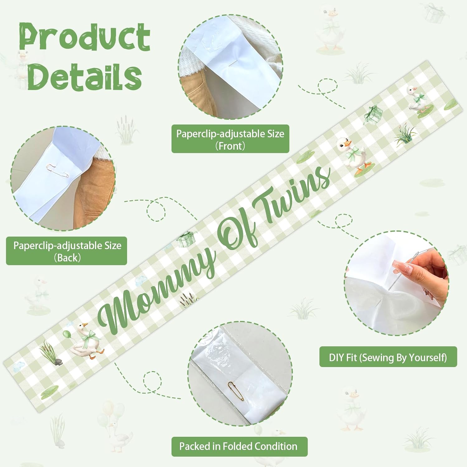 Silly Goose Twins Baby Shower Decorations Sash Green Gingham Goose Mommy of Twins Sash Gifts for Mom-to-Be Silly Goose Baby Shower Gender Reveal Pregnancy Announcement Party Supplies Favors