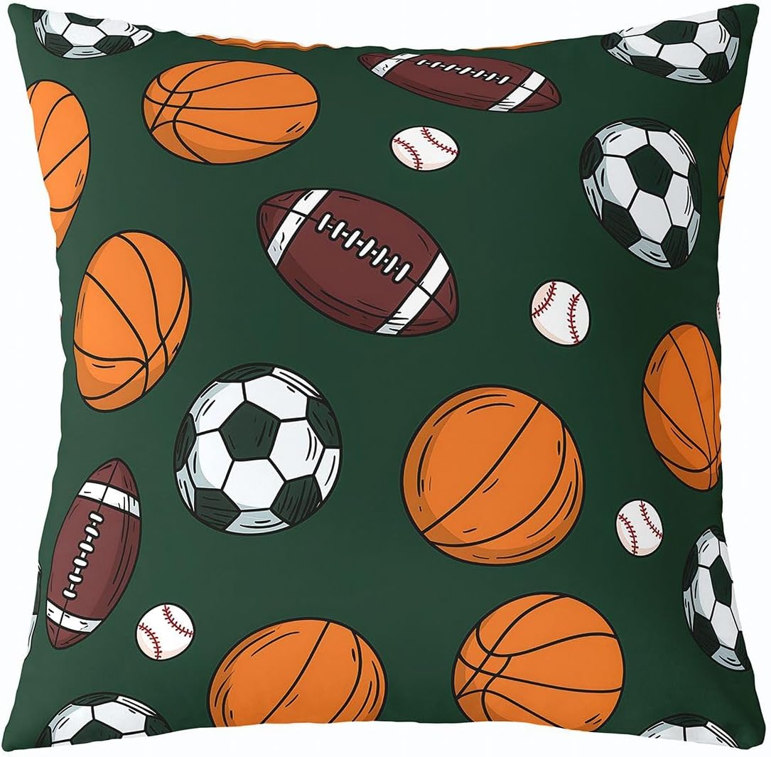 Feelyou Gaming Sports Throw Pillow Covers 1 Pcs Football & Basketball Cushion Case Green Decor Pillowcase Indoor Outdoor Super Soft 16 x 16-Inch