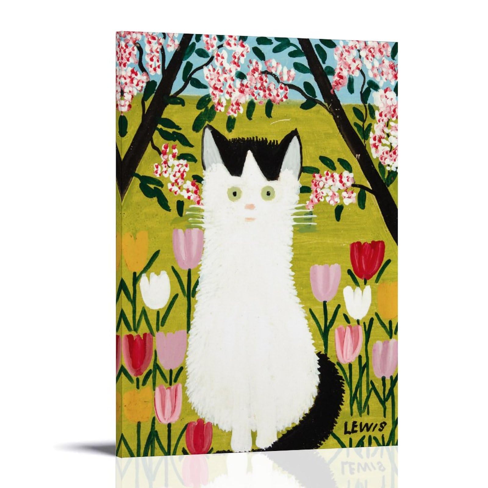 Nganoh Frame-Style White Cat -2 By Maud Lewis Canvas Printed Poster Wall Art Gifts Bedroom Prints Home Decor Hanging Picture Canvas Paintings 12X18inch(30X45cm)