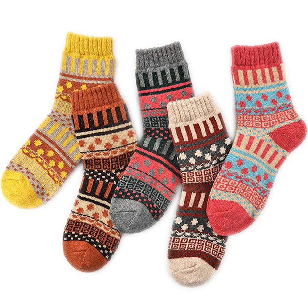 IIG 5 Pairs Women's Vintage Style Thick Wool Warm Winter Crew Socks, Multicolour04, One Size