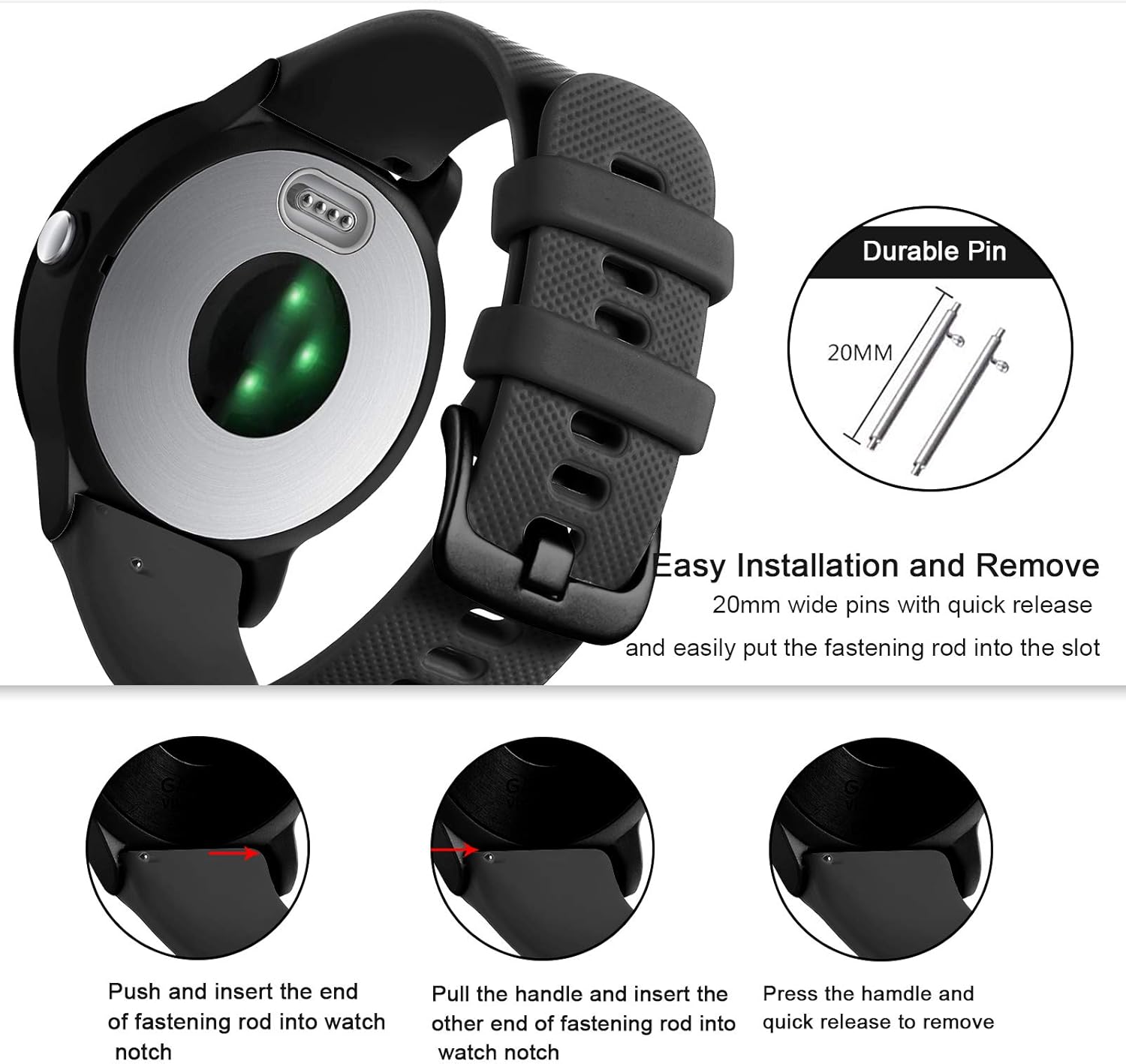 GEAK Compatible with Garmin Vivoactive 5 Watch Bands/Garmin Vivoactive 3 Watch Bands,20mm Silicone Band for Vivoactive 3 Music/Vivomove Sport,Forerunner 645/245 Music Smartwatch Women Men Black