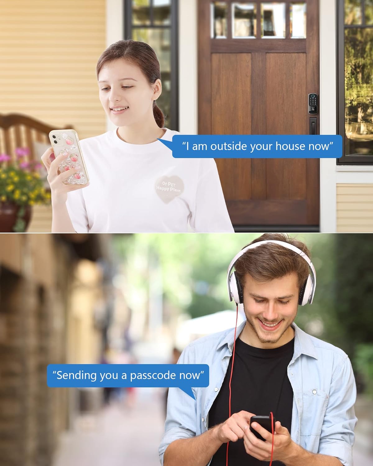 Two scenarios: a woman outside a house saying 'I am outside your house now' and a man with headphones saying 'Sending you a passcode now', demonstrating remote passcode sharing.