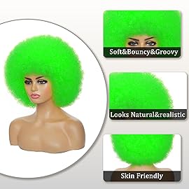 JSDshine Green Afro Wigs for Women - Soft 70s Kinky Curly Synthetic Hair Wig with Bangs, Natural Looking Short Afro Puff Bouncy Big for Daily & Party Use